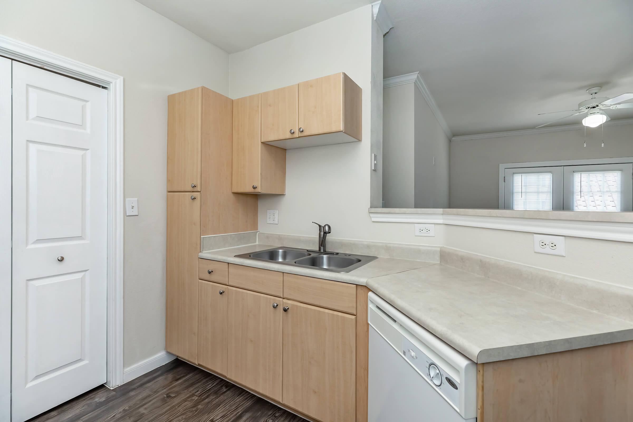 a kitchen with a sink and a mirror