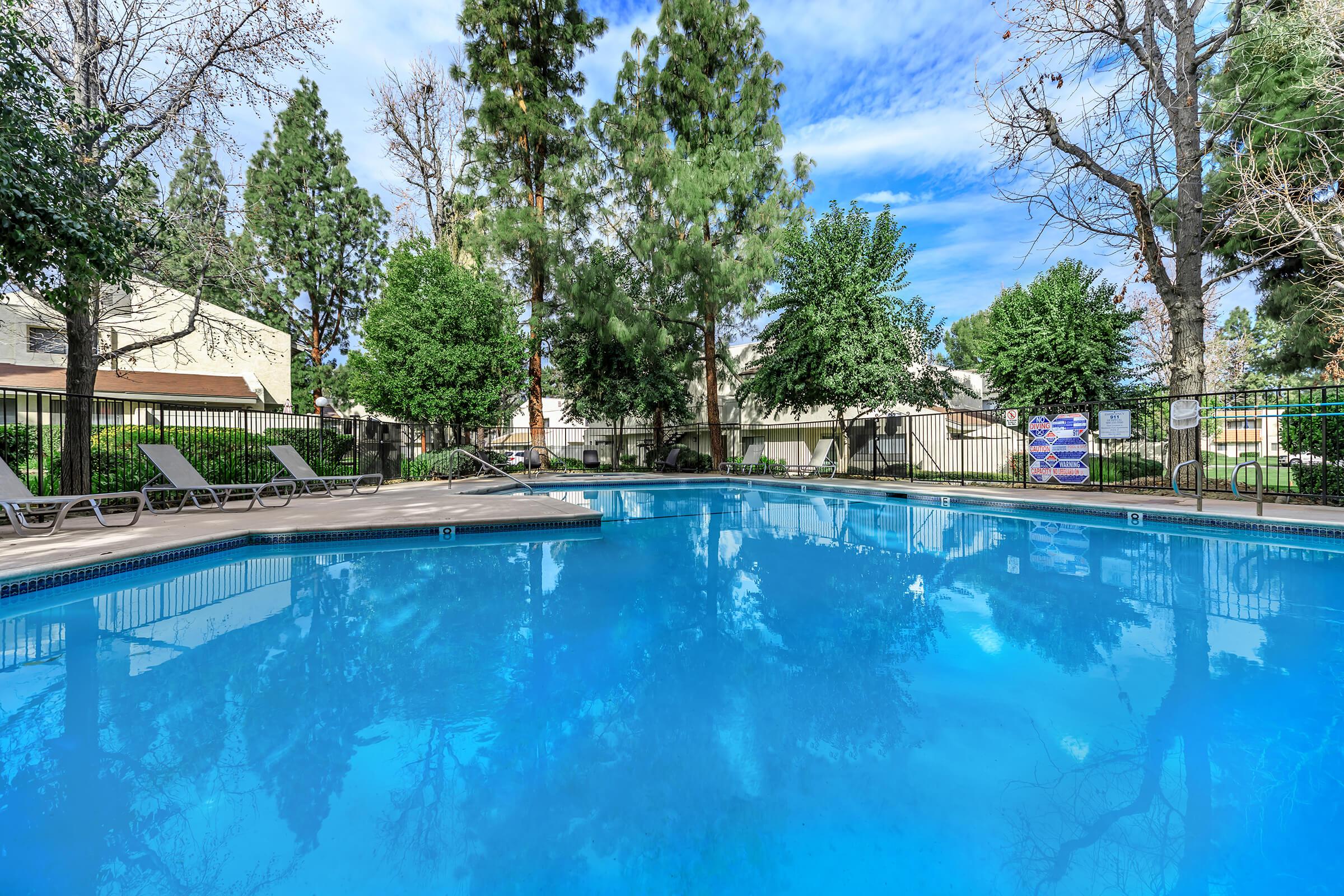 the community pool with green shrubs