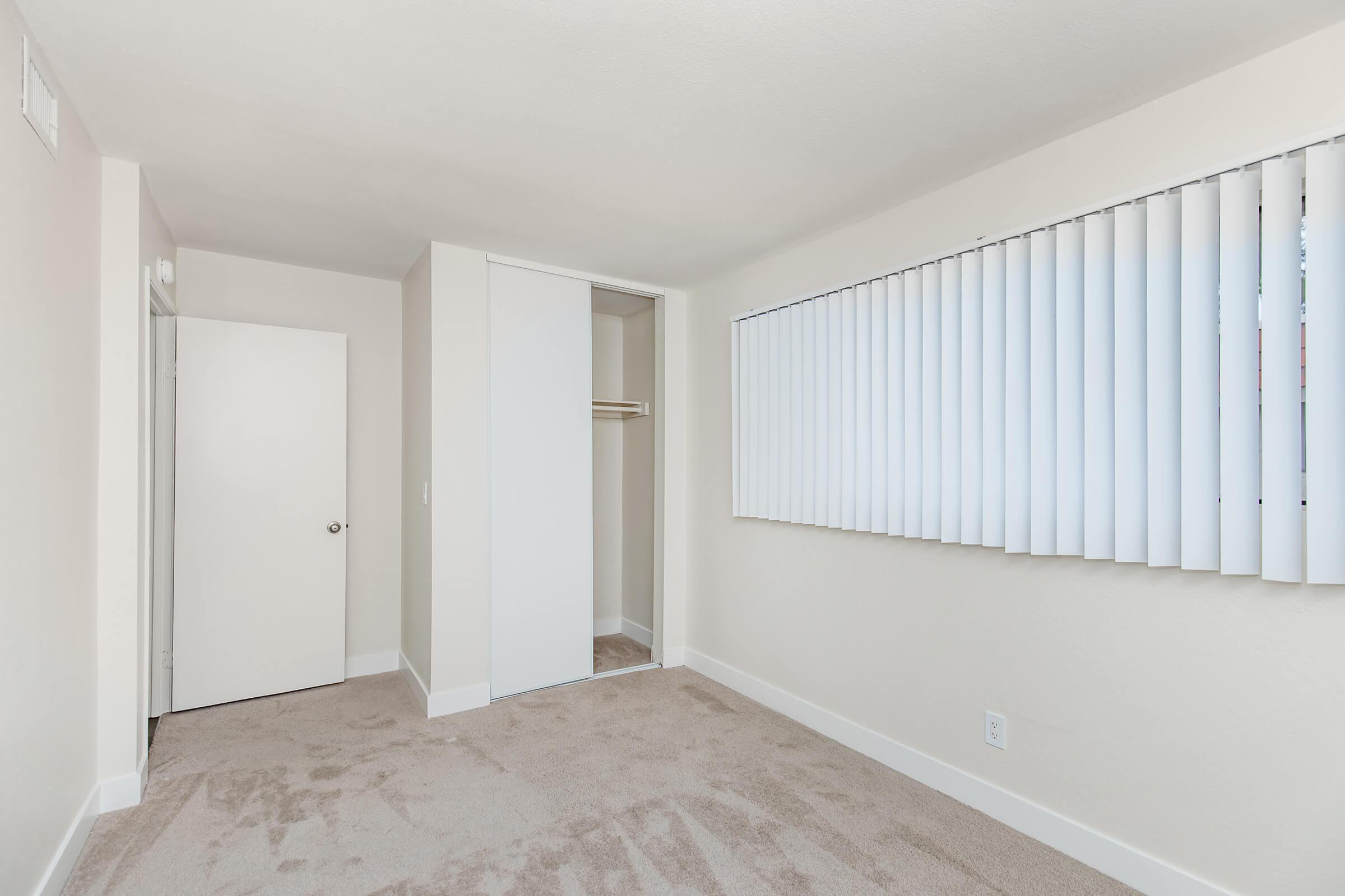 Empty room with light beige walls and soft carpeting. A closed white door is visible on the left, while a closet with sliding doors is adjacent. To the right, there is a window with vertical blinds allowing natural light to enter the space. The overall ambiance is clean and minimalist.