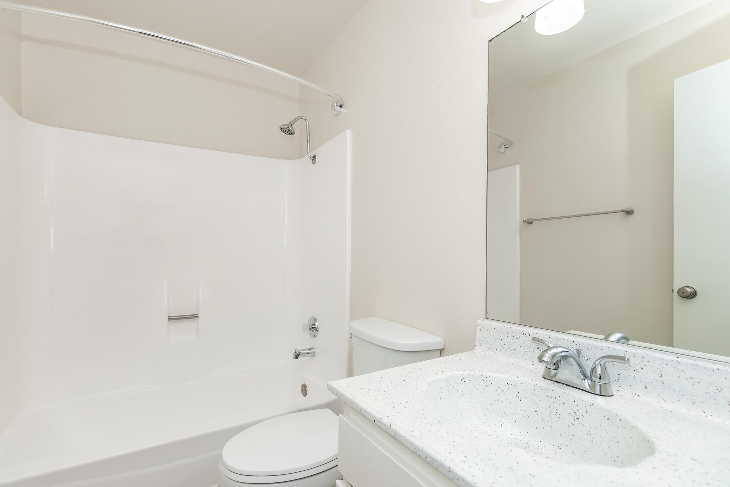 A clean bathroom featuring a bathtub with a shower, a toilet, and a countertop sink with a mirror above. The walls are painted in a light color, and the overall space appears bright and modern.
