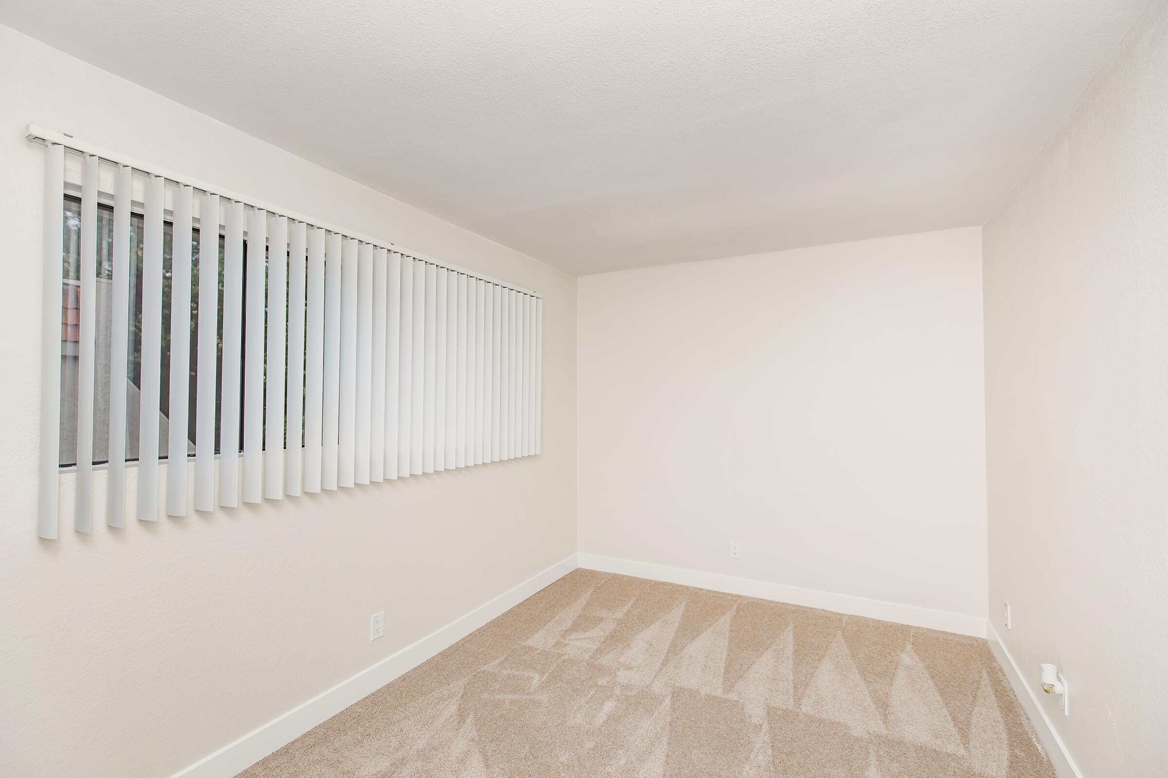 A minimalistic empty room with light beige walls and carpet. It features a window covered with white vertical blinds, allowing natural light to enter. The spacious layout has no furniture, emphasizing the room's openness and potential for personalization.
