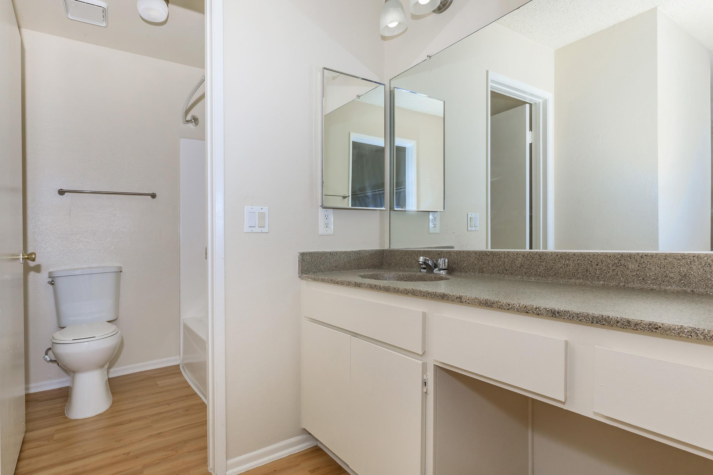 vacant bathroom with wooden floors