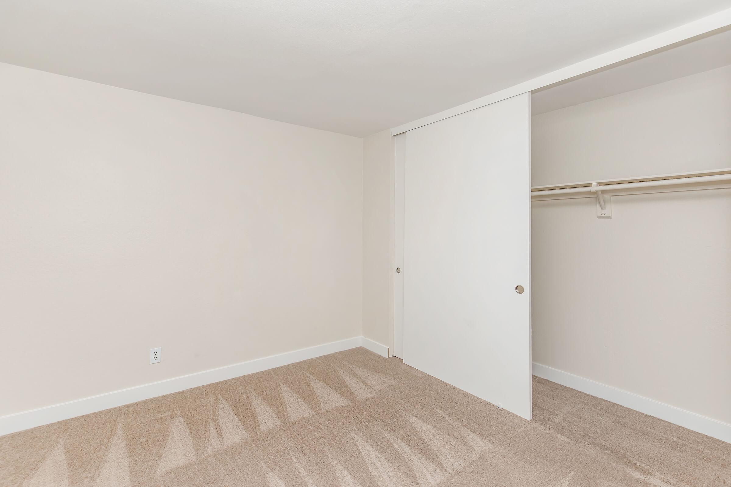 Empty room with light-colored walls and beige carpet. A large white sliding door leads to a closet with a single hanging rod. The space is clean and unfurnished, showcasing a minimalist design.
