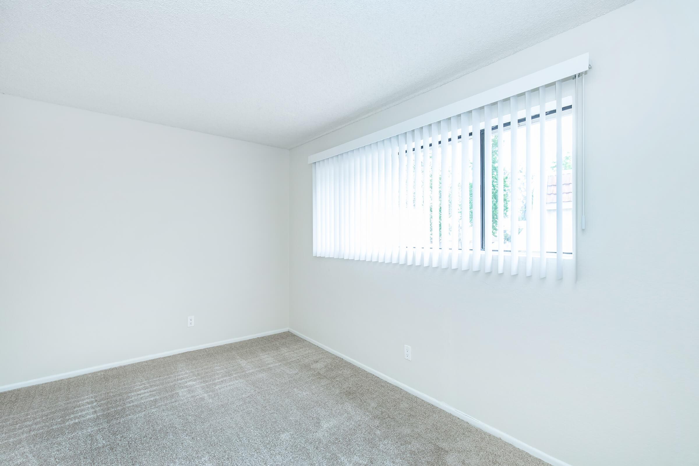 carpeted bedroom with white window shades