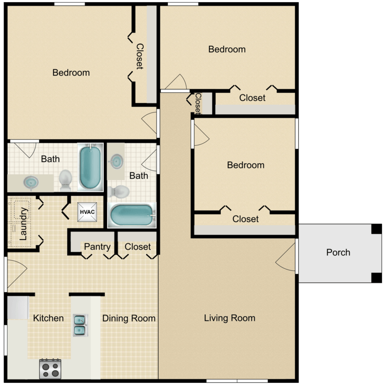 3 Bedroom 2 Bath floor plan image