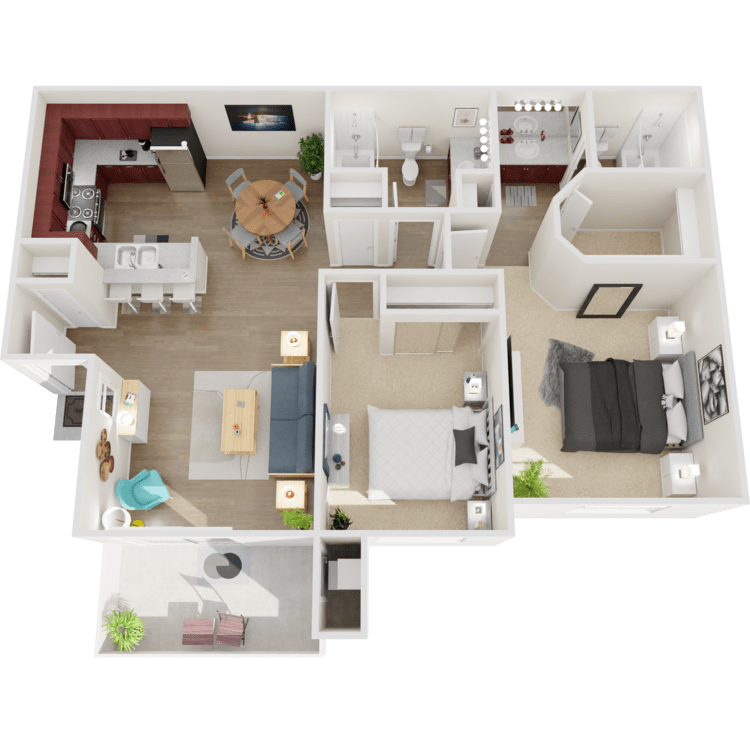 Plan D, a 2 bedroom 2 bathroom floor plan.