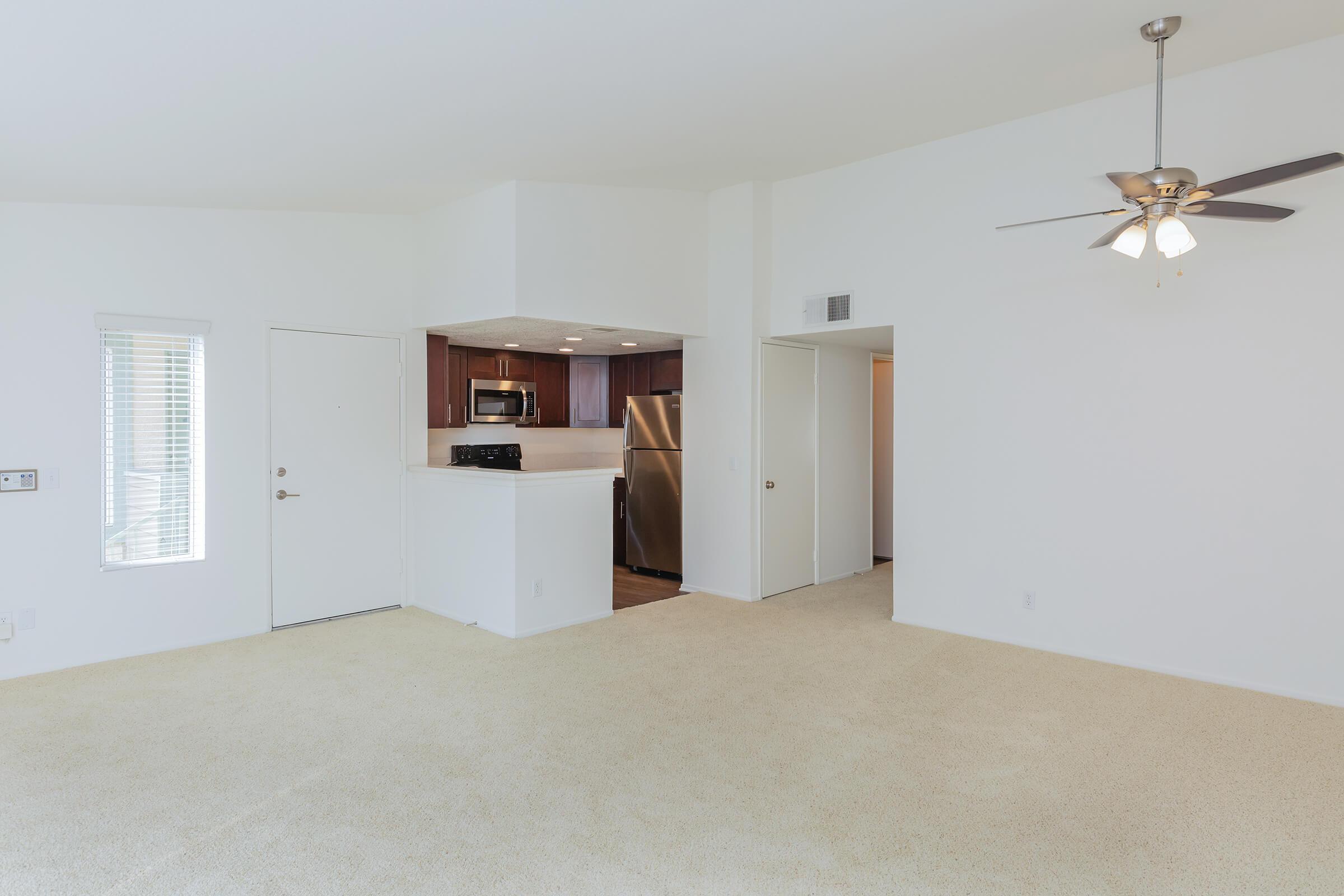 Carpeted living room and kitchen