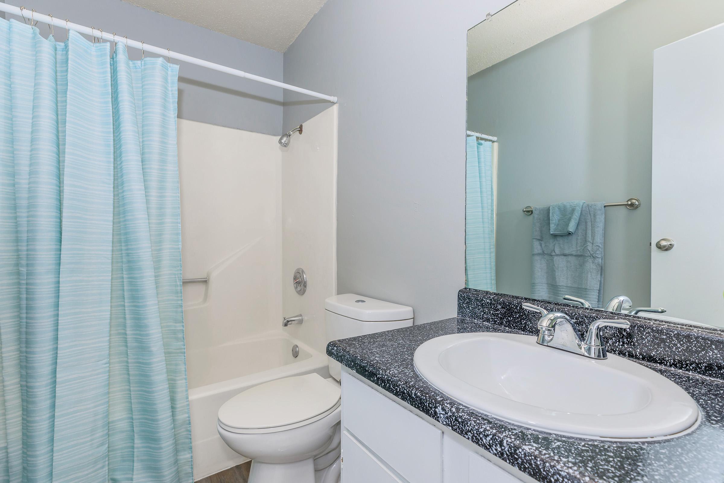 a shower curtain next to a sink