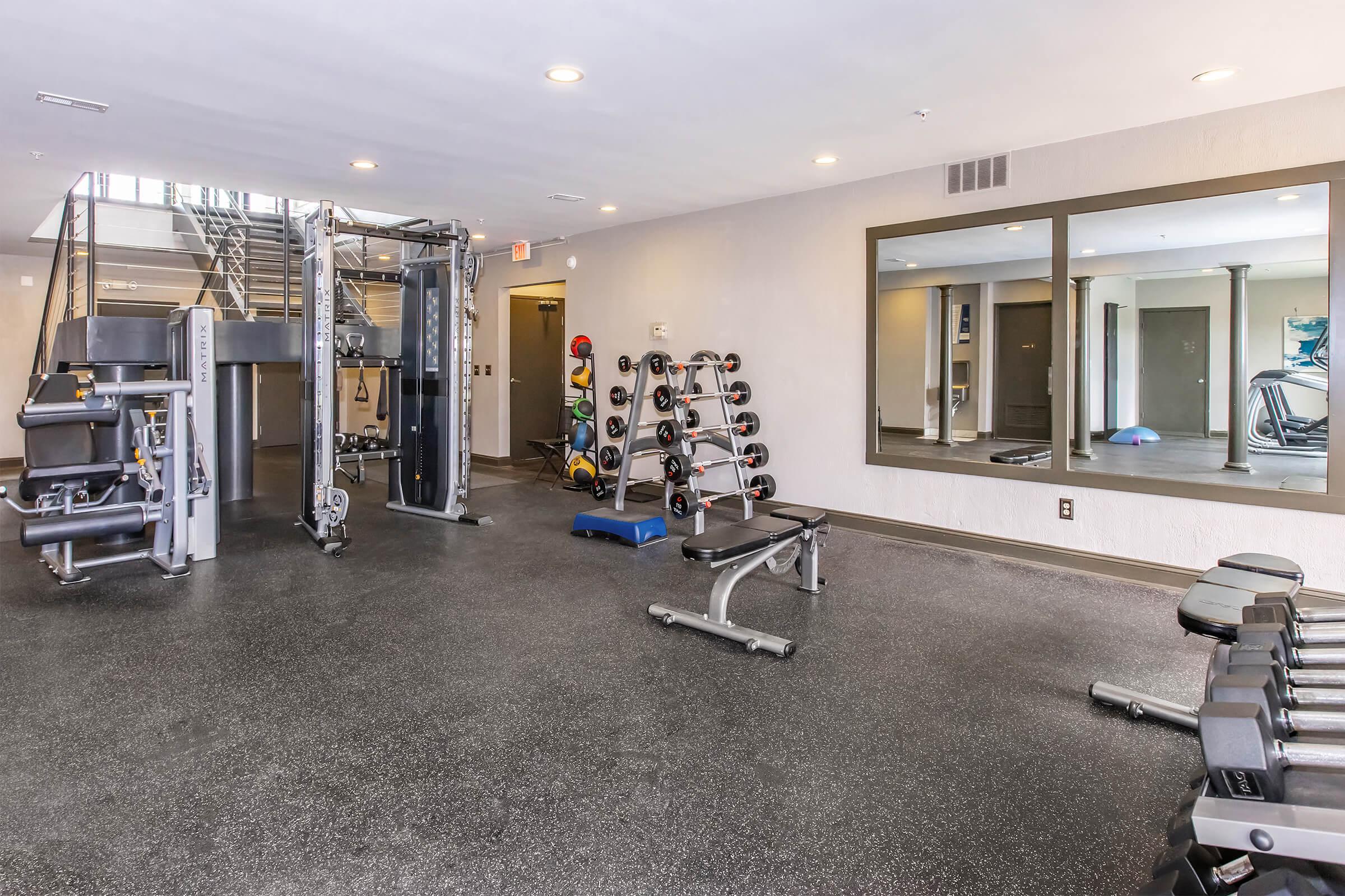 A well-equipped gym featuring various exercise machines, dumbbells neatly arranged on a rack, weight benches, and a mirror. Natural light enters through windows, creating a bright environment. The space is clean and inviting for workouts.
