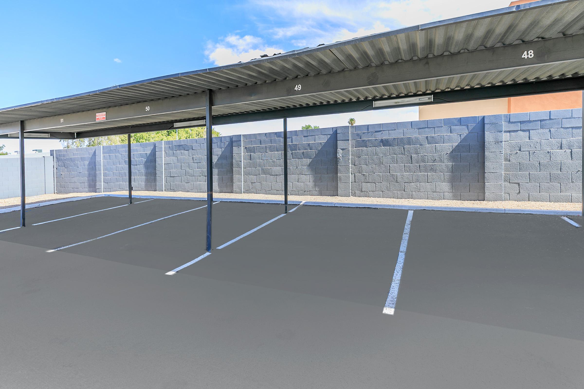 The covered parking area at Rise Trailside. 