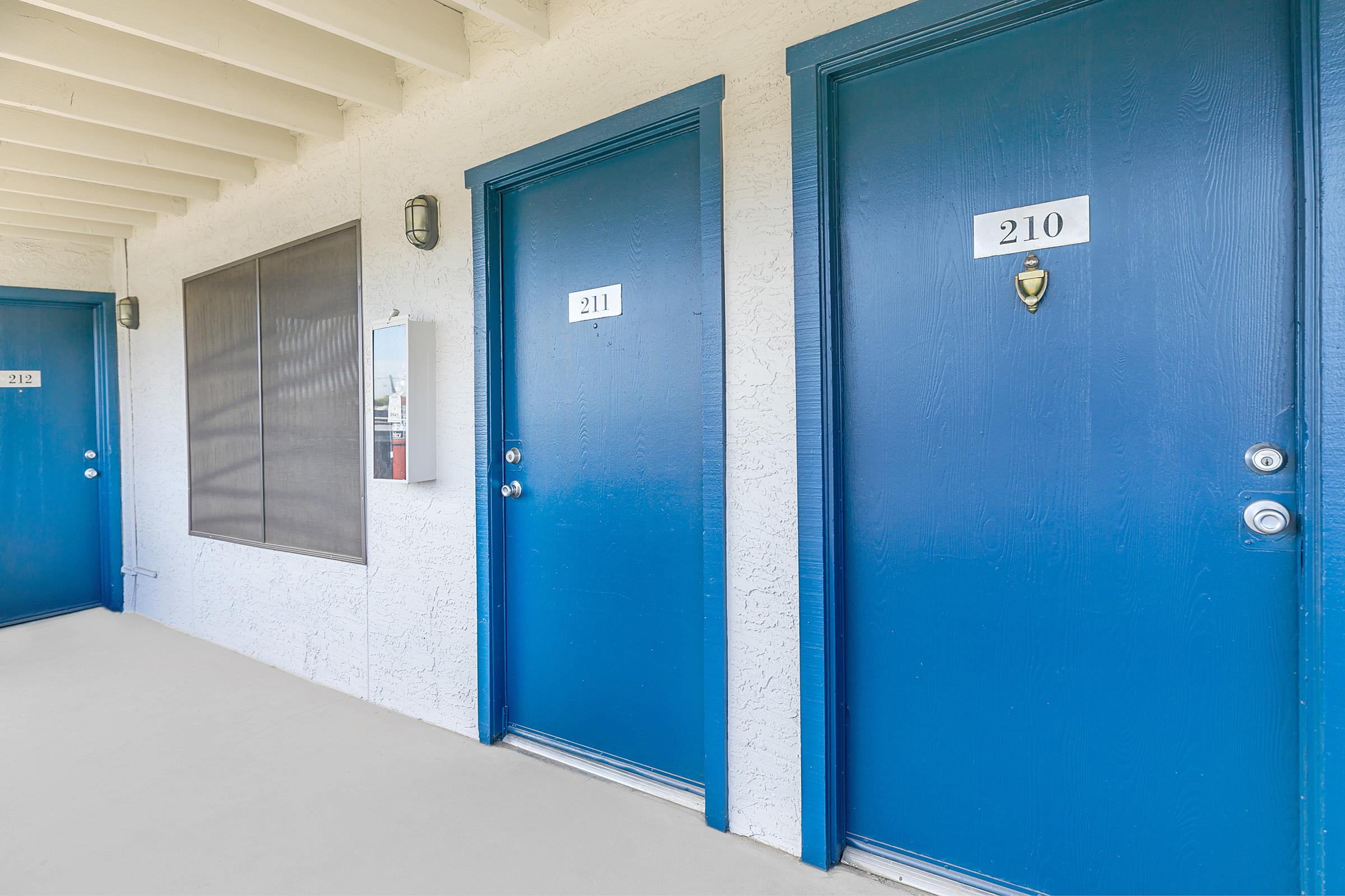 Three blue doors and a window belonging to the apartments at Rise Trailside.