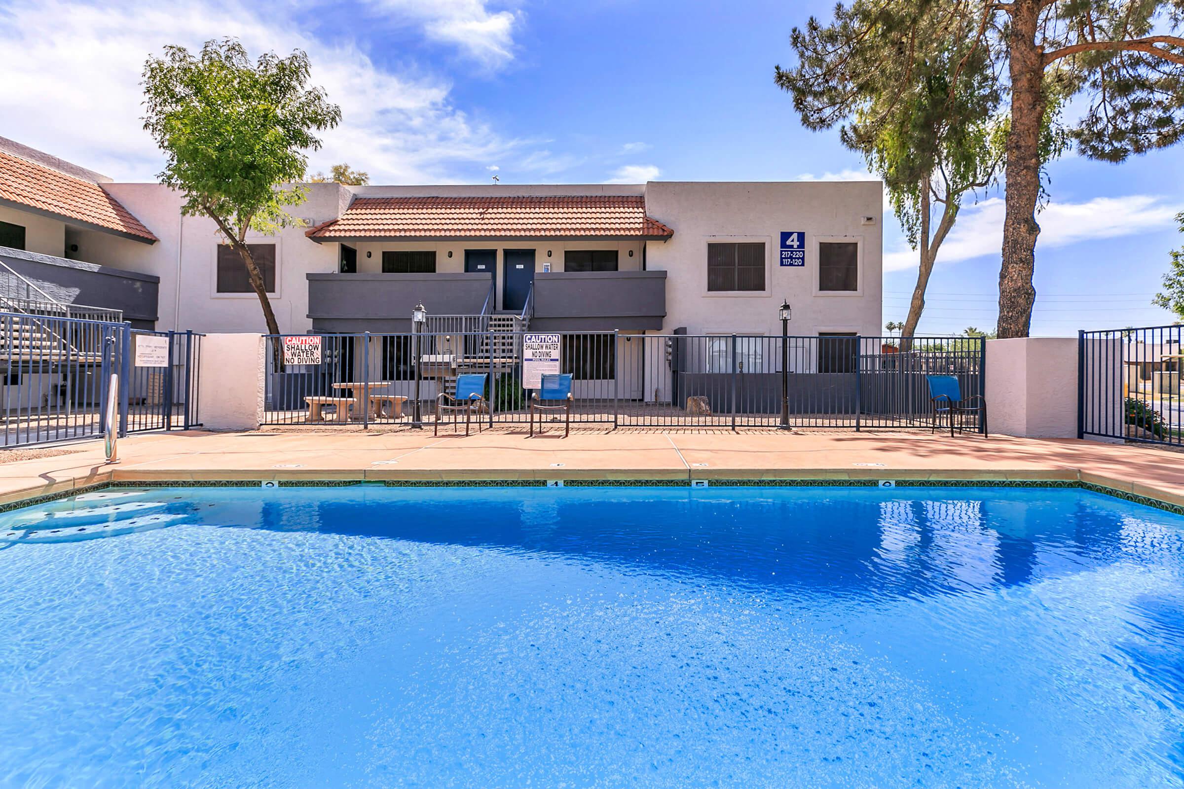 The expansive pool with blue chairs outside the apartments at Rise Trailside.