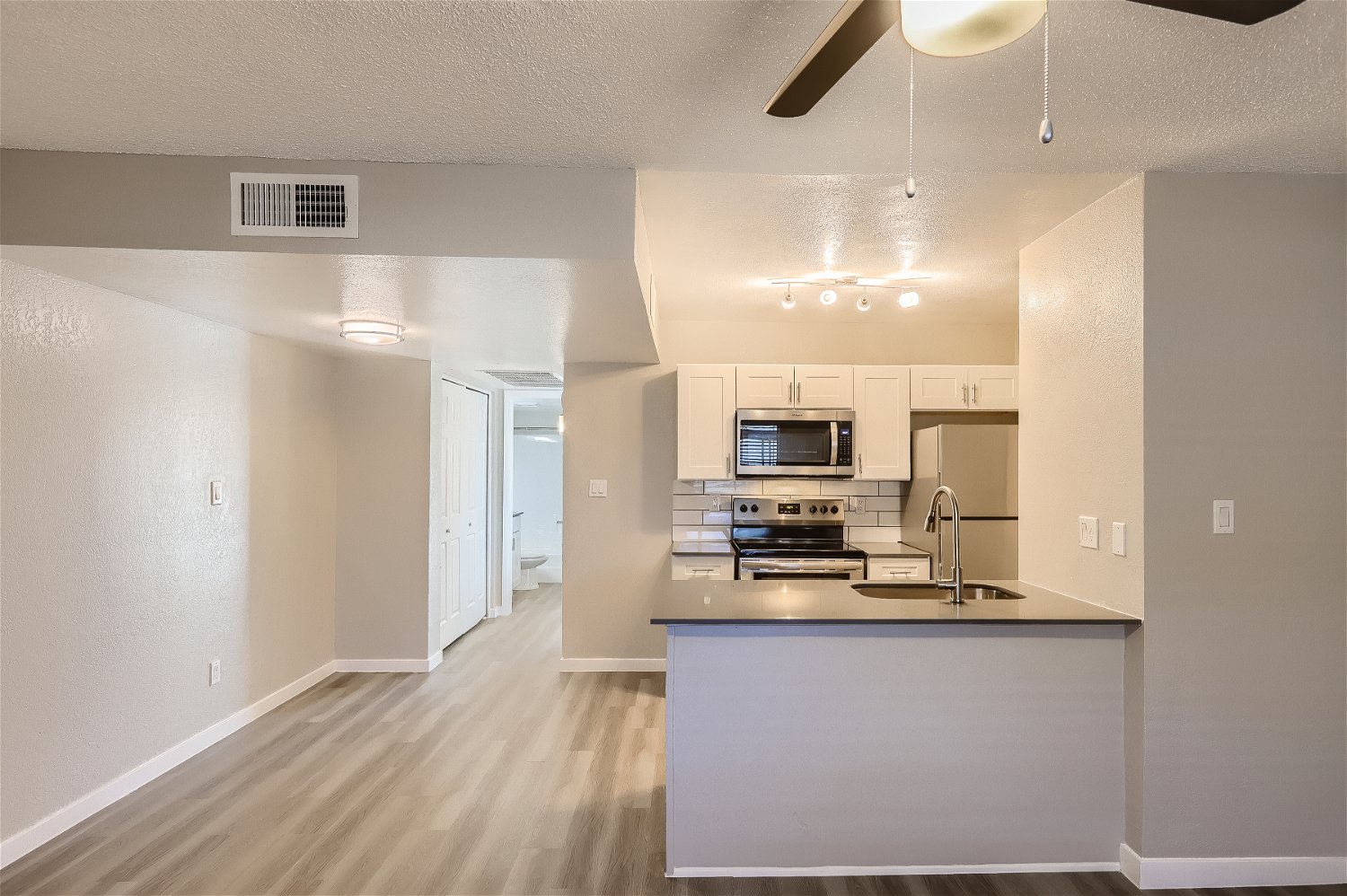The remodeled kitchen with quartz countertops, wood-style flooring and a hallway to the bathroom at 