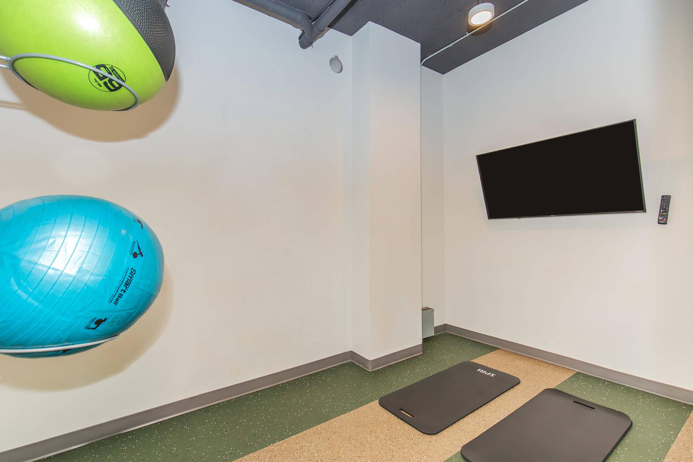 Exercise room featuring two exercise balls hanging on the wall, a black flat-screen TV mounted on a white wall, and two black yoga mats on a green and tan floor. The space is well-lit, promoting an inviting atmosphere for workouts.
