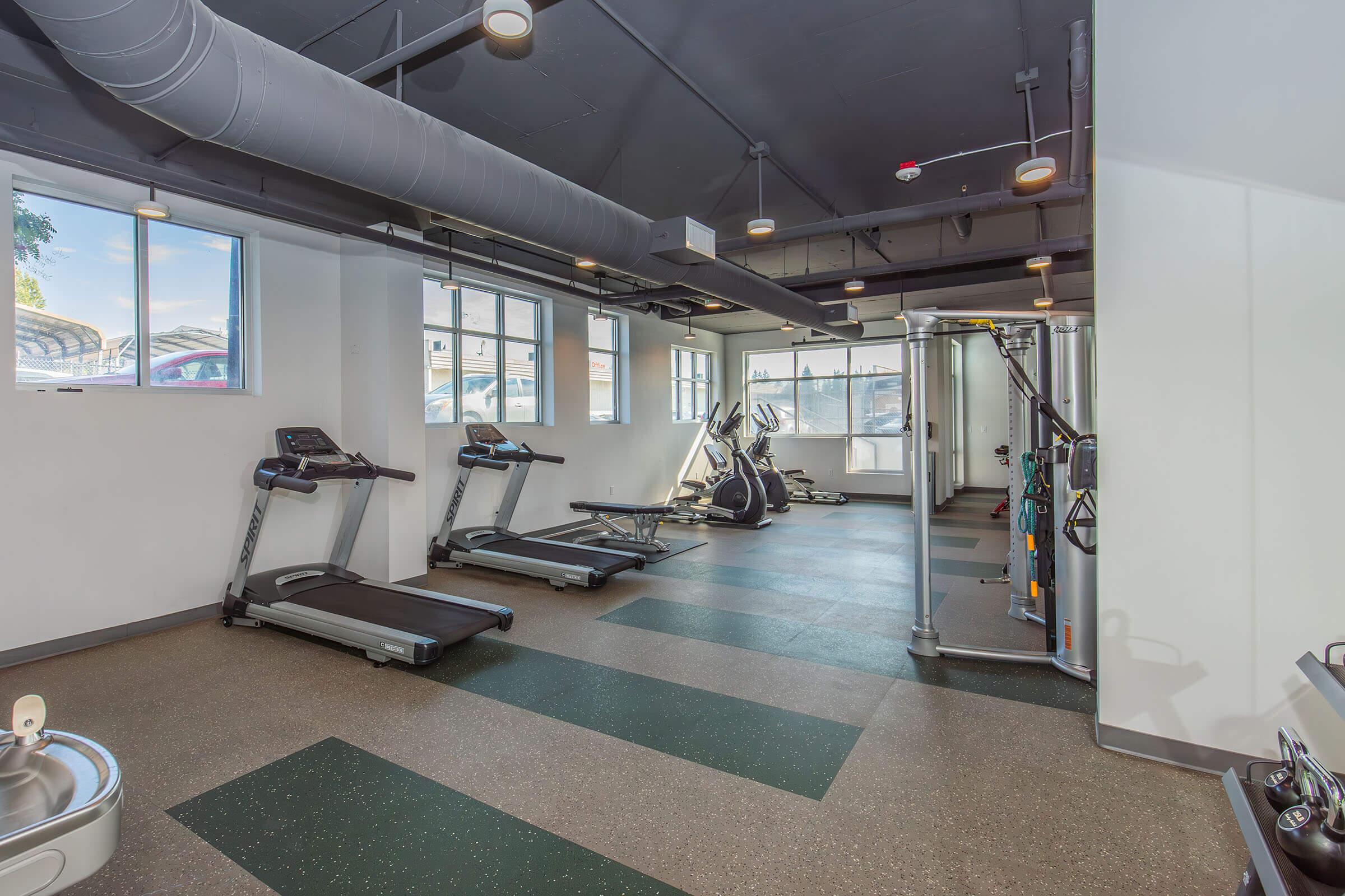 A modern fitness gym featuring treadmills, an elliptical machine, and a multi-station weight machine. The spacious room has large windows allowing natural light, with a clean and contemporary design. Gym equipment is arranged neatly on a black and green floor surface.