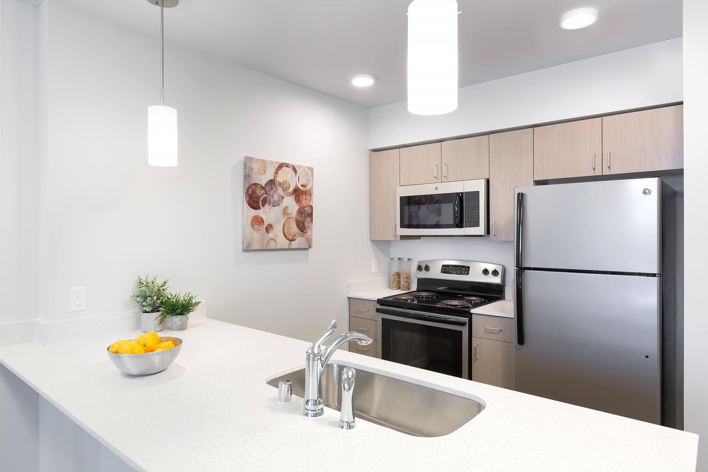 Modern kitchen featuring a white countertop with a sink and stylish faucet, silver appliances including a microwave and refrigerator, and wooden cabinetry. A bowl of lemons is placed on the counter, and a decorative wall art piece is visible. Bright lighting enhances the clean, contemporary design.