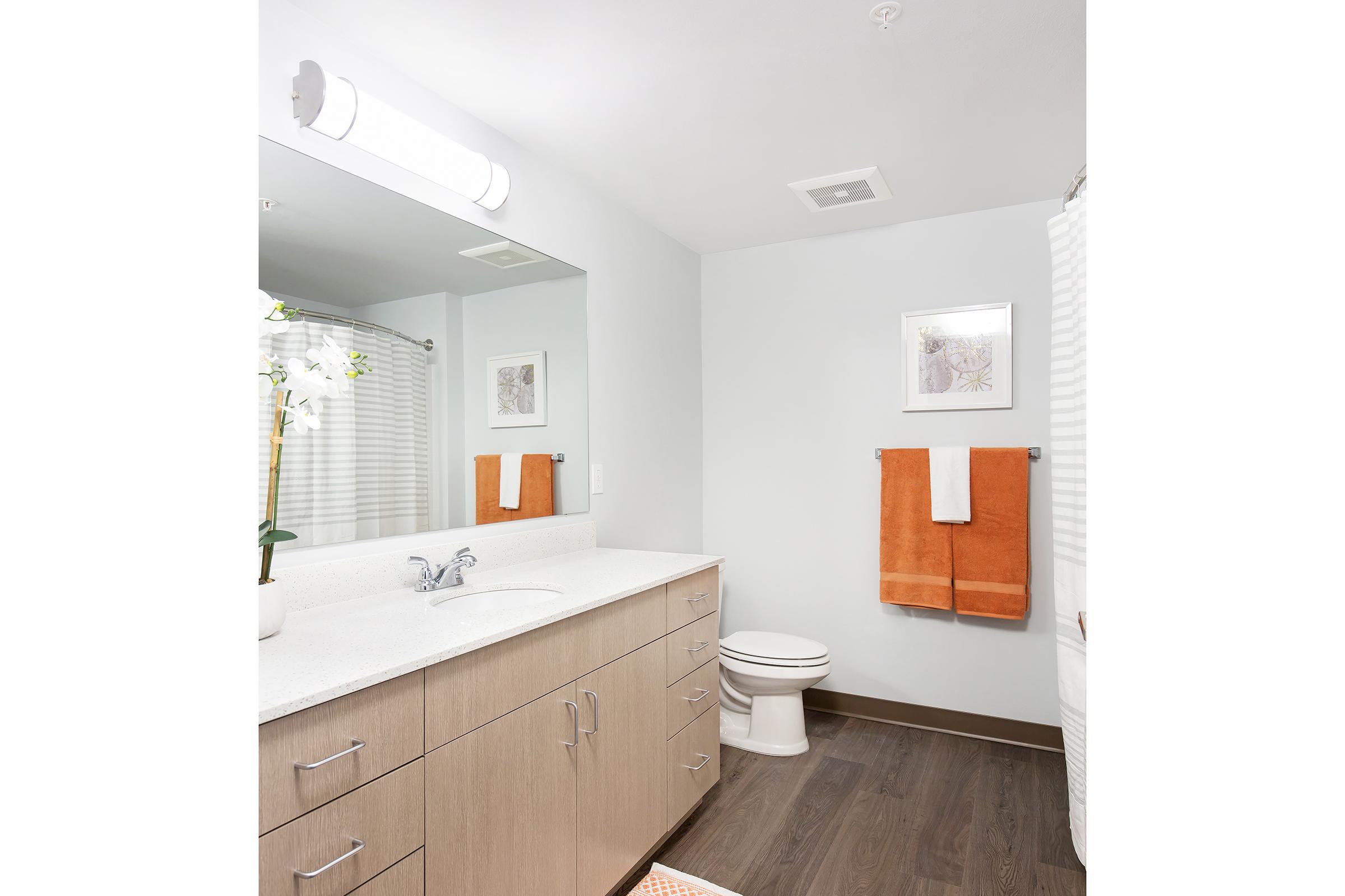 Modern bathroom featuring a light-colored countertop with a sink, a large mirror, and a plant. The walls are painted light gray, and there are orange towels hanging on a rack. A shower curtain in the background completes the fresh and clean aesthetic of the space.