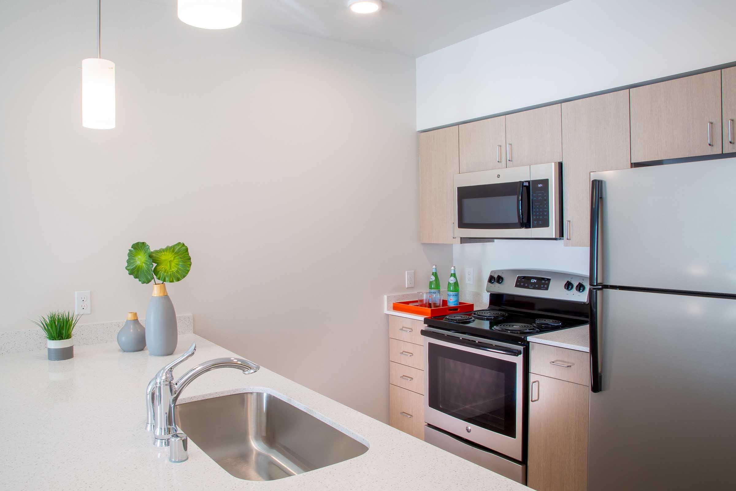 Modern kitchen featuring light wood cabinetry, stainless steel appliances including a microwave and oven, a sleek countertop with a sink, and minimalistic decor. Accessories include a small plant, decorative vases, and a tray with two bottles. Bright lighting enhances the open and inviting atmosphere.