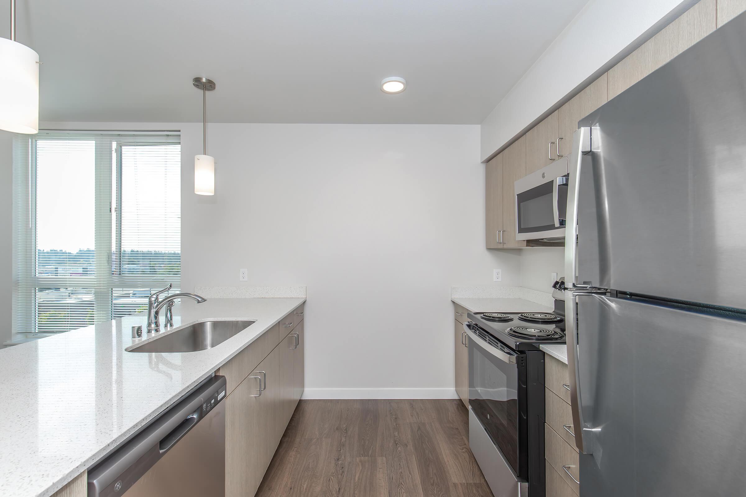 Modern kitchen featuring light wood cabinetry, stainless steel appliances including a refrigerator, microwave, and oven, a dishwasher, and a single basin sink. The space is well-lit with natural light from large windows and includes a light fixture above the countertop.