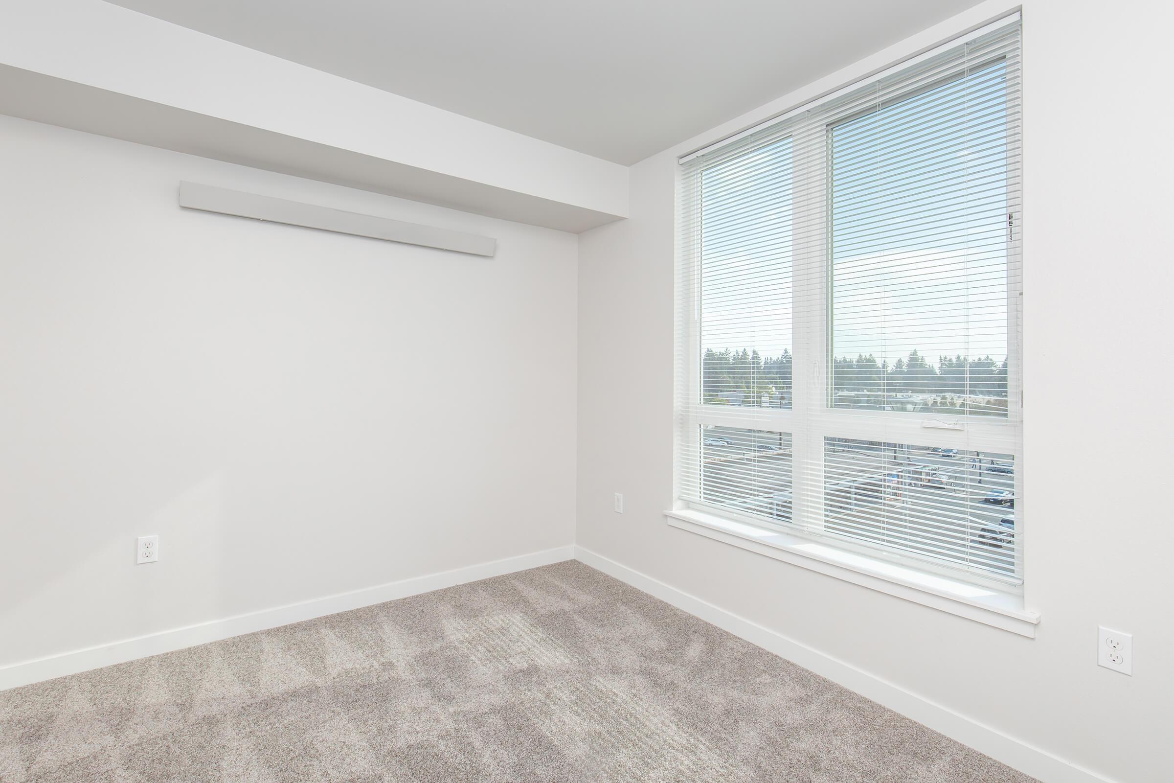 Empty room with light gray walls and carpet. A large window with blinds offers natural light, and there is a horizontal light fixture above. The view outside shows greenery. The space is well-lit and minimalist, suitable for various uses.