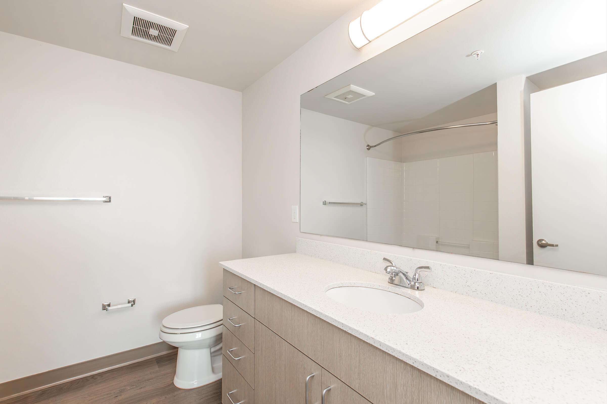 A modern bathroom featuring a white toilet, a long countertop with a sink, and a large mirror. The walls are painted light gray, and the floor has a wooden finish. A shower area is visible in the background. There's a towel rack on the wall and ample lighting from a ceiling fixture.