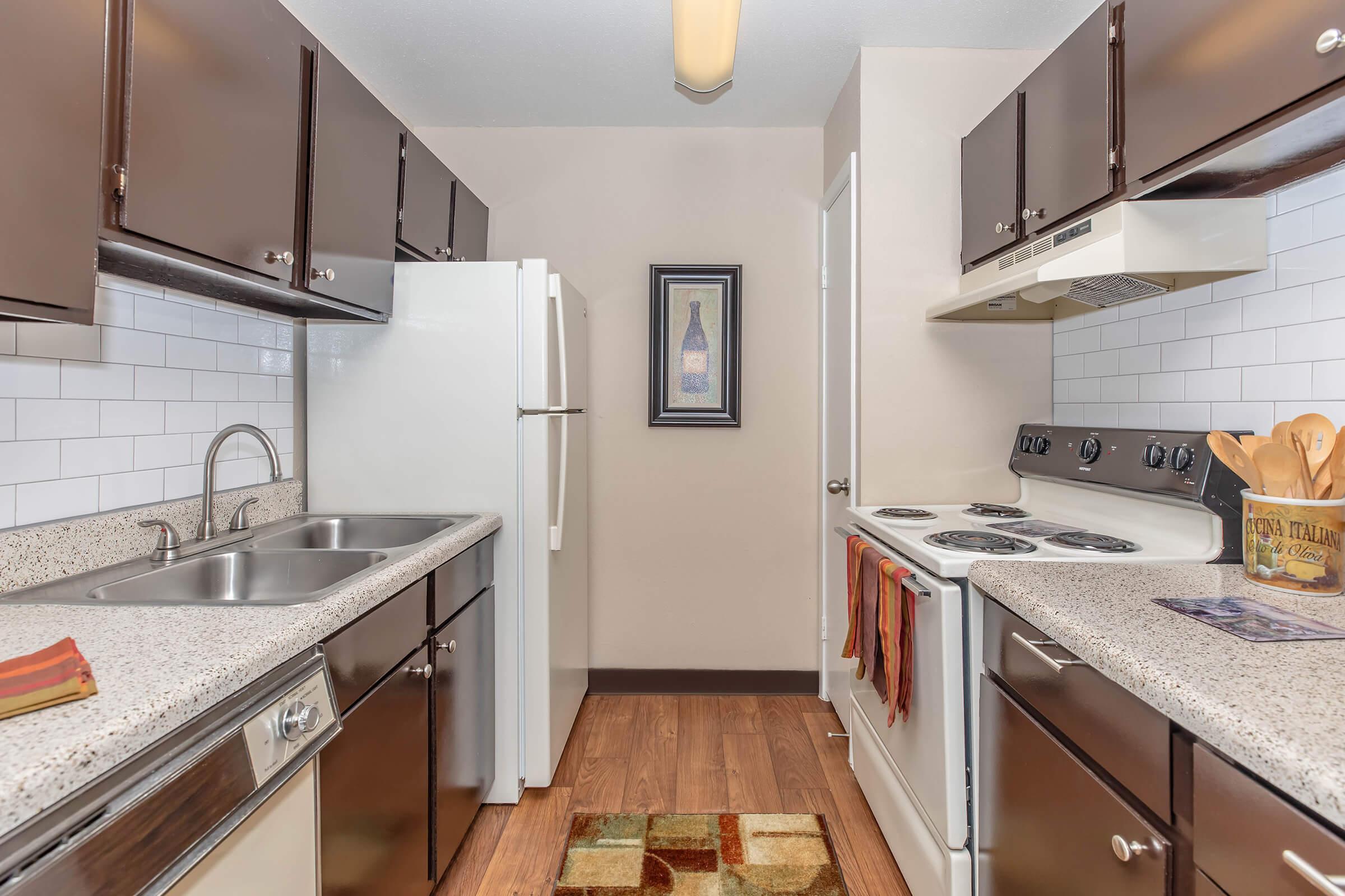 A modern kitchen featuring dark cabinetry, a double sink, a white refrigerator, and a stove with an oven. The countertops are speckled and the floor has wooden planks. A colorful rug is placed in front of the stove, and a framed artwork is hung on the wall. The space is well-lit and organized.
