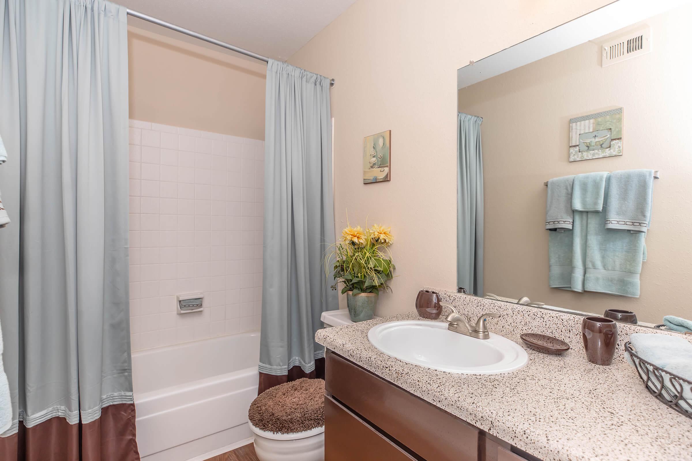 A clean bathroom featuring a shower/tub combo with light-colored curtains, a granite vanity with a sink, a mirrored wall, and decor including a small plant and towels. The walls are painted in a soft beige tone, creating a warm atmosphere.