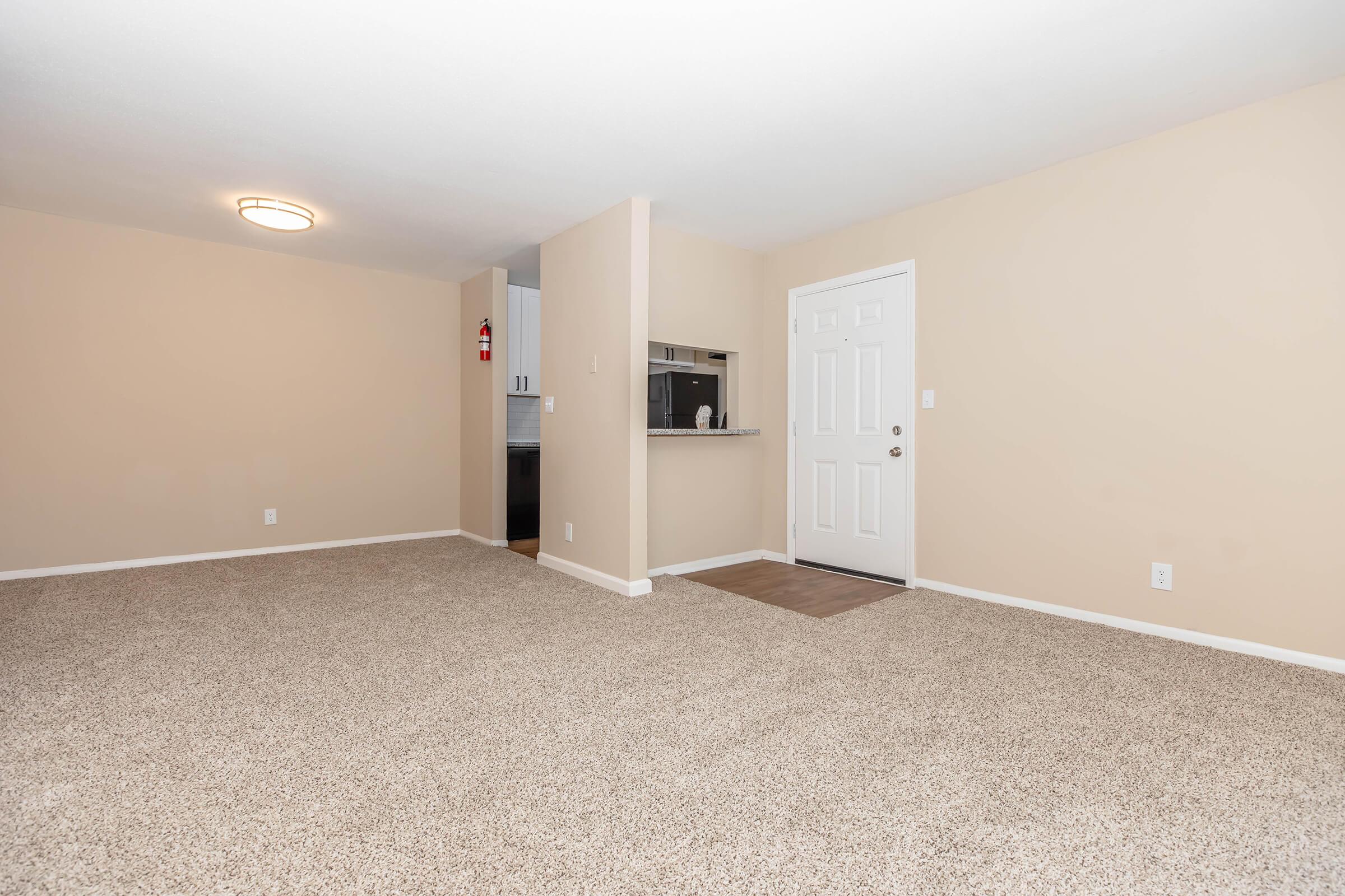 Spacious, empty living area with beige walls and light-colored carpet. A doorway leads to an entrance with a white door, and a small kitchen is visible in the background. Natural light illuminates the room, creating a bright and inviting atmosphere.