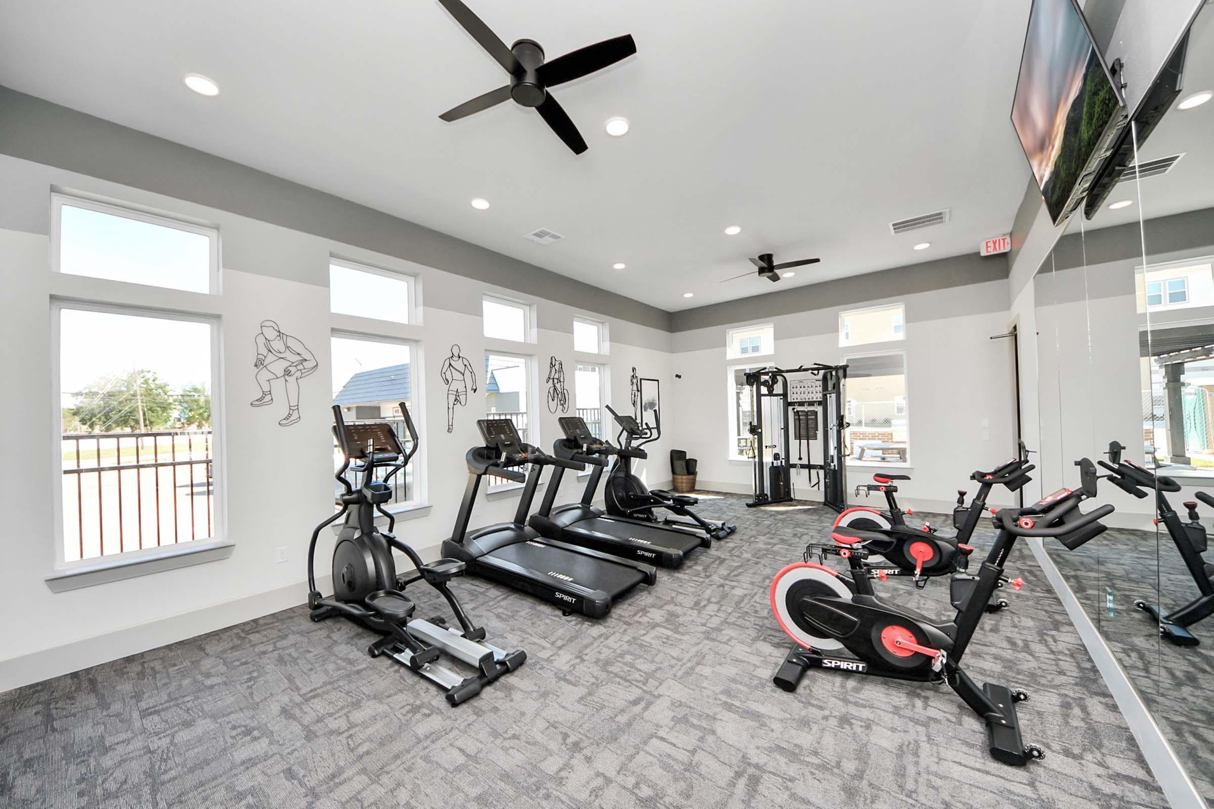 A modern fitness center featuring elliptical machines and stationary bikes, with large windows allowing natural light. The walls are decorated with fitness-themed illustrations, and there's a cable machine in the corner. The floor is carpeted for comfort.
