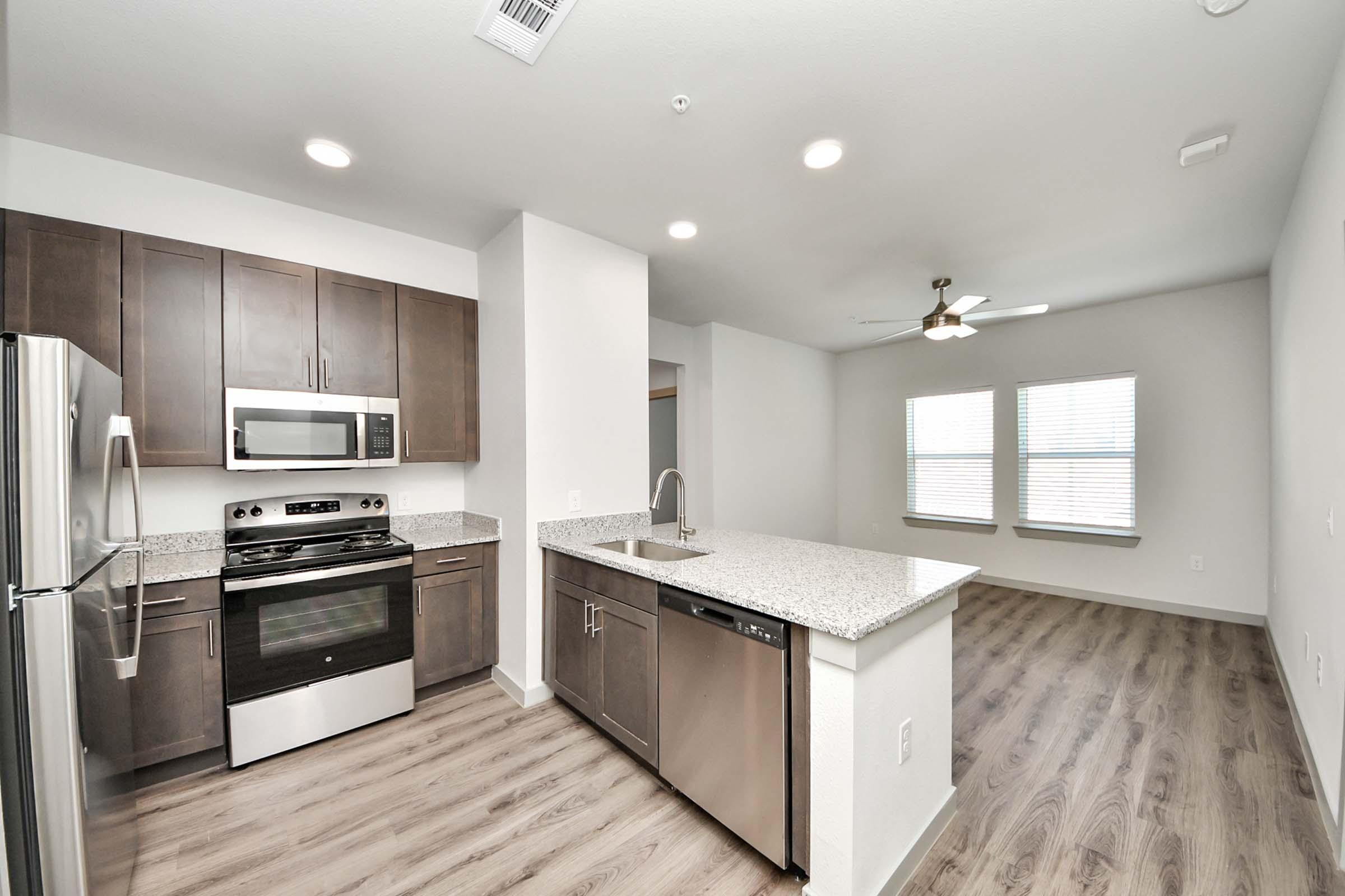 Modern kitchen with dark cabinets, granite countertops, stainless steel appliances including a microwave, oven, and dishwasher. Open layout leads to a light-filled living space with large windows and a ceiling fan. Hardwood-style flooring throughout.