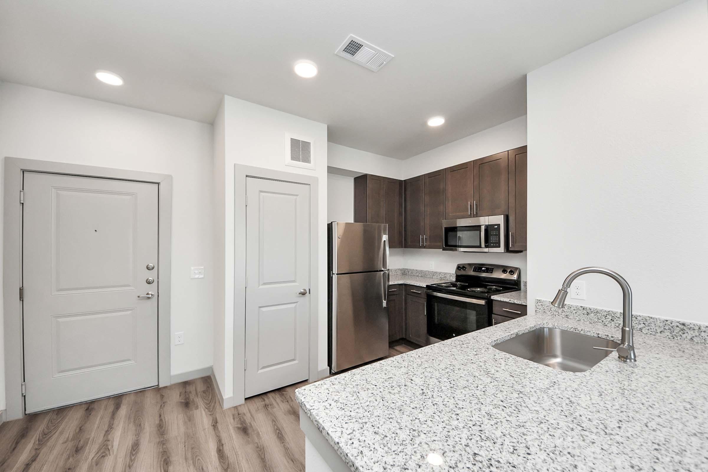 Contemporary kitchen and entryway featuring modern appliances, granite countertops, and wooden flooring. Includes a stainless steel refrigerator, oven, and microwave, along with a sink area. Brightly lit with recessed lighting and a door leading to the hallway.
