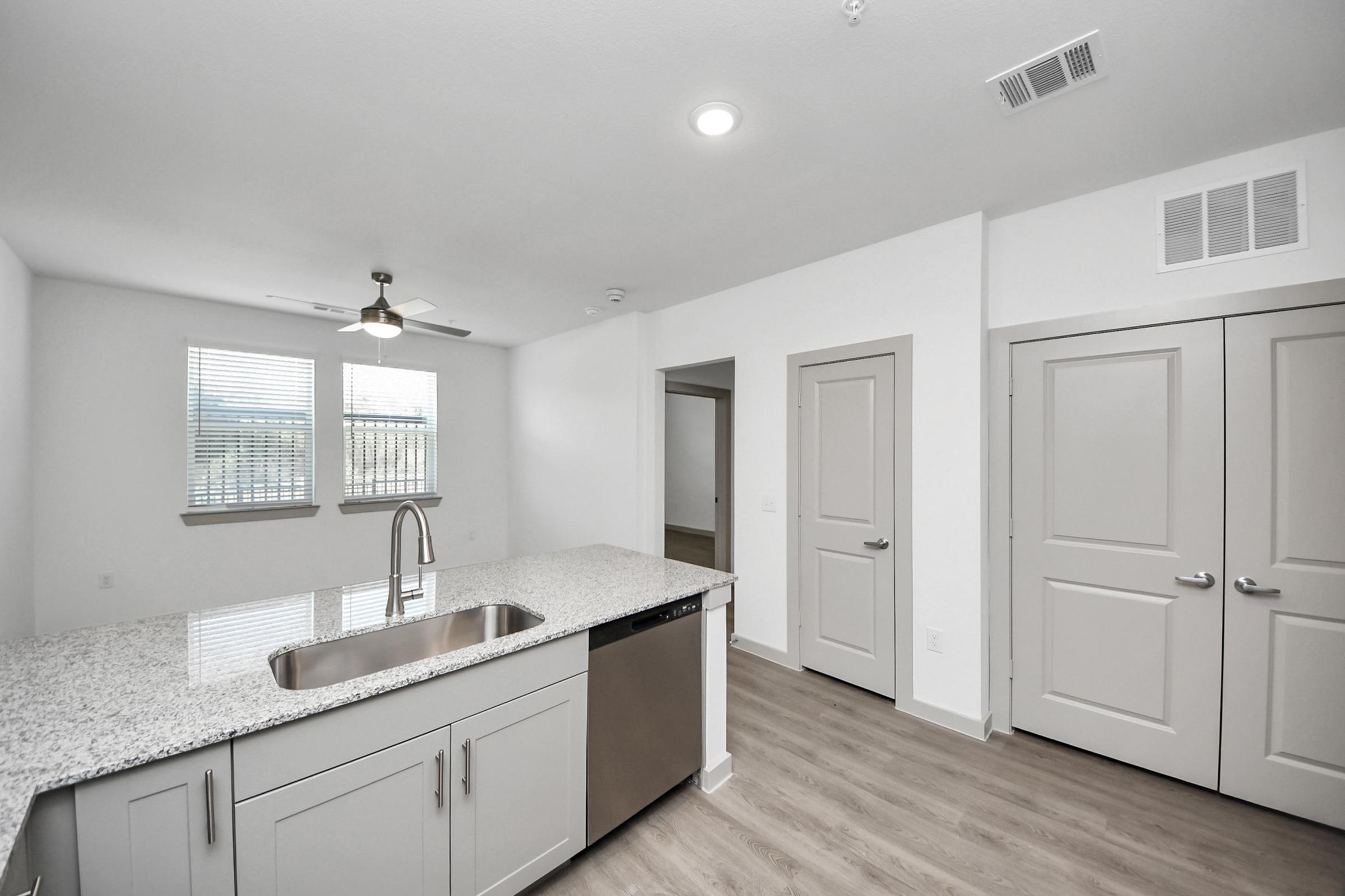Modern kitchen with a granite countertop, stainless steel sink, and dishwasher. Brightly lit by overhead lighting, it features two windows with closed blinds. The floor is light-colored wood, and there are two closed doors leading to other rooms, with a ceiling fan visible above.