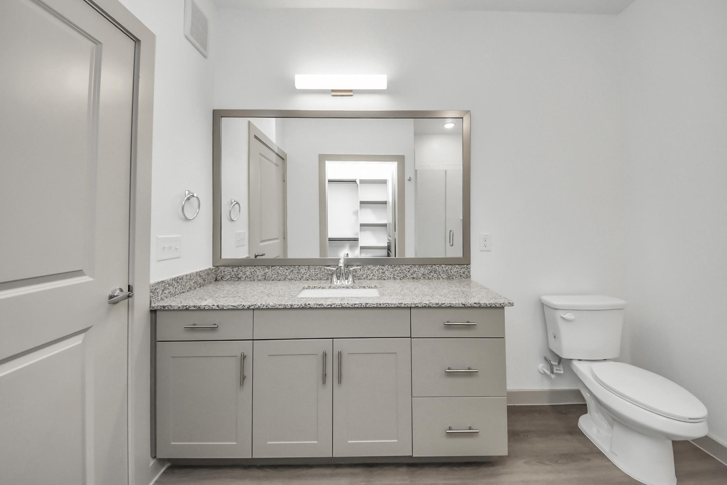 A modern bathroom featuring a light-colored vanity with a granite countertop and a spacious mirror above. The design includes a white toilet, a door leading to another area, and shelving visible in the mirror's reflection. The overall aesthetic is clean and contemporary.