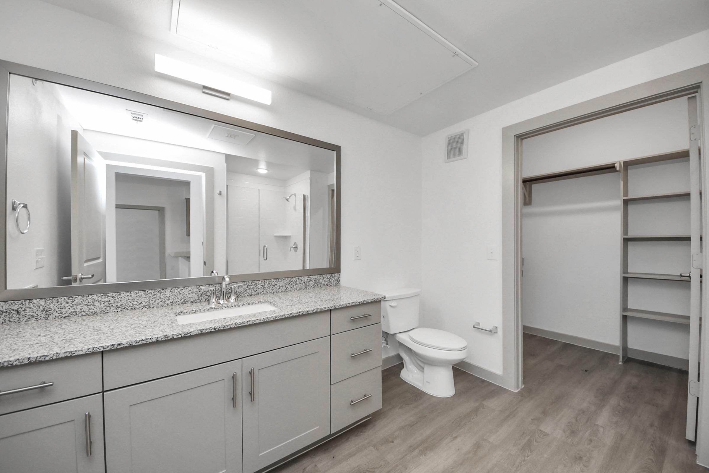 A modern bathroom featuring a large mirror above a double sink with a granite countertop. There is a white toilet, a beige wall, and a closet with shelves visible in the background. The flooring is light wood, and the room has bright overhead lighting.
