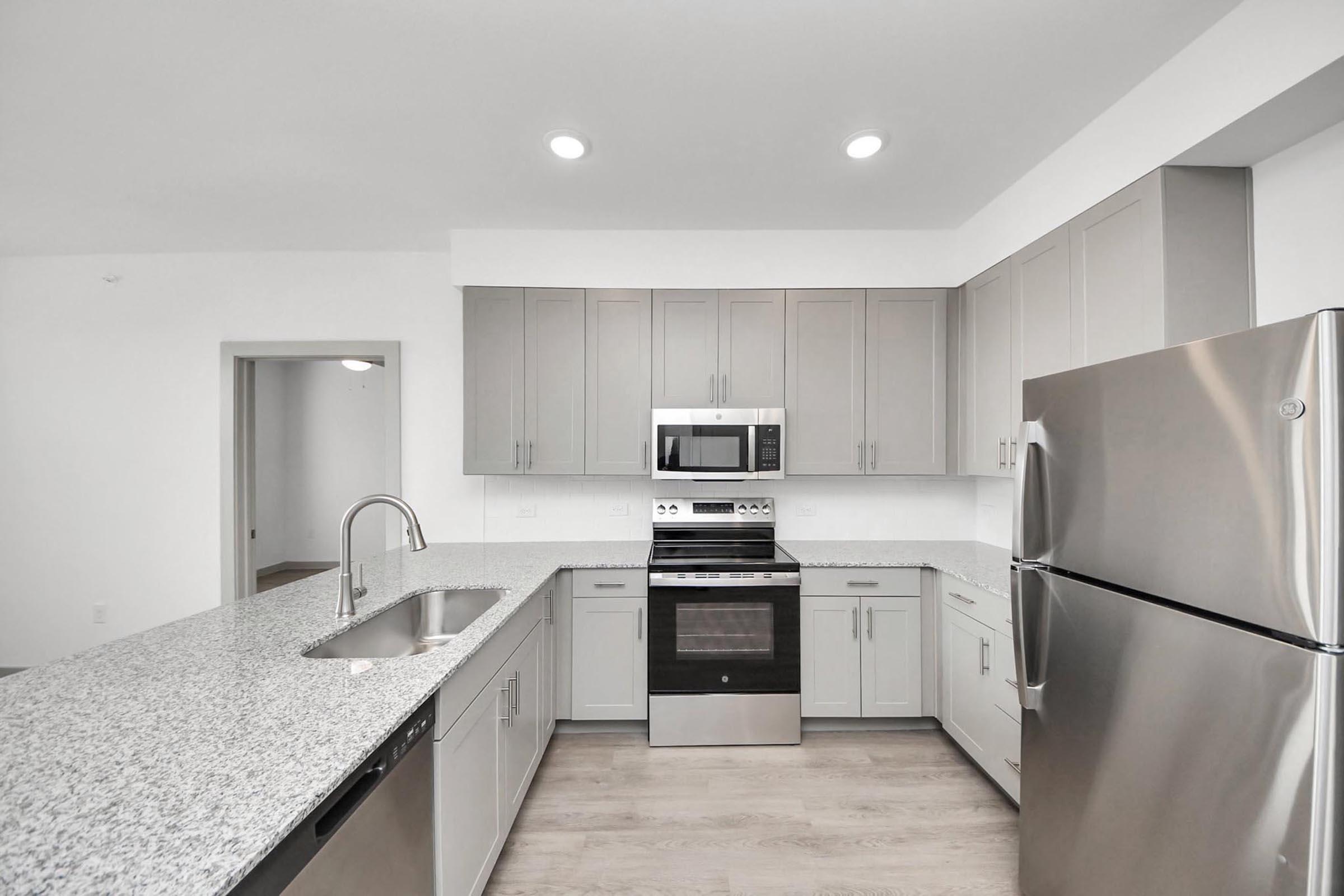 Modern kitchen featuring gray cabinetry, stainless steel appliances including a microwave and oven, and a granite countertop. The space has recessed lighting and a double sink, with a nearby entryway visible. The flooring is light wood, creating a bright and inviting atmosphere.