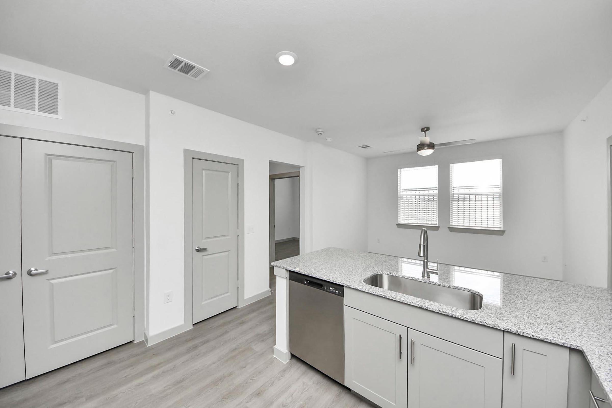 A modern kitchen featuring a spacious island with a stainless steel sink, granite countertops, and a dishwasher. Light-colored cabinets complement the neutral walls. Natural light pours in through two windows, and there are two closed doors leading to other areas of the home. The flooring is a light wood-like material.
