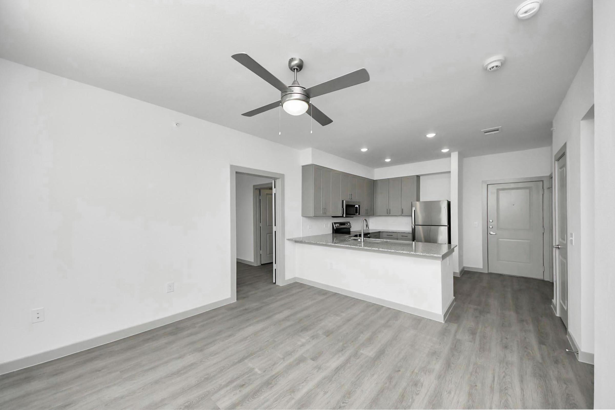 Modern apartment interior featuring an open floor plan, including a kitchen with stainless steel appliances, a ceiling fan, and light wood flooring. The walls are painted in a light color, and there are doorways leading to other rooms.