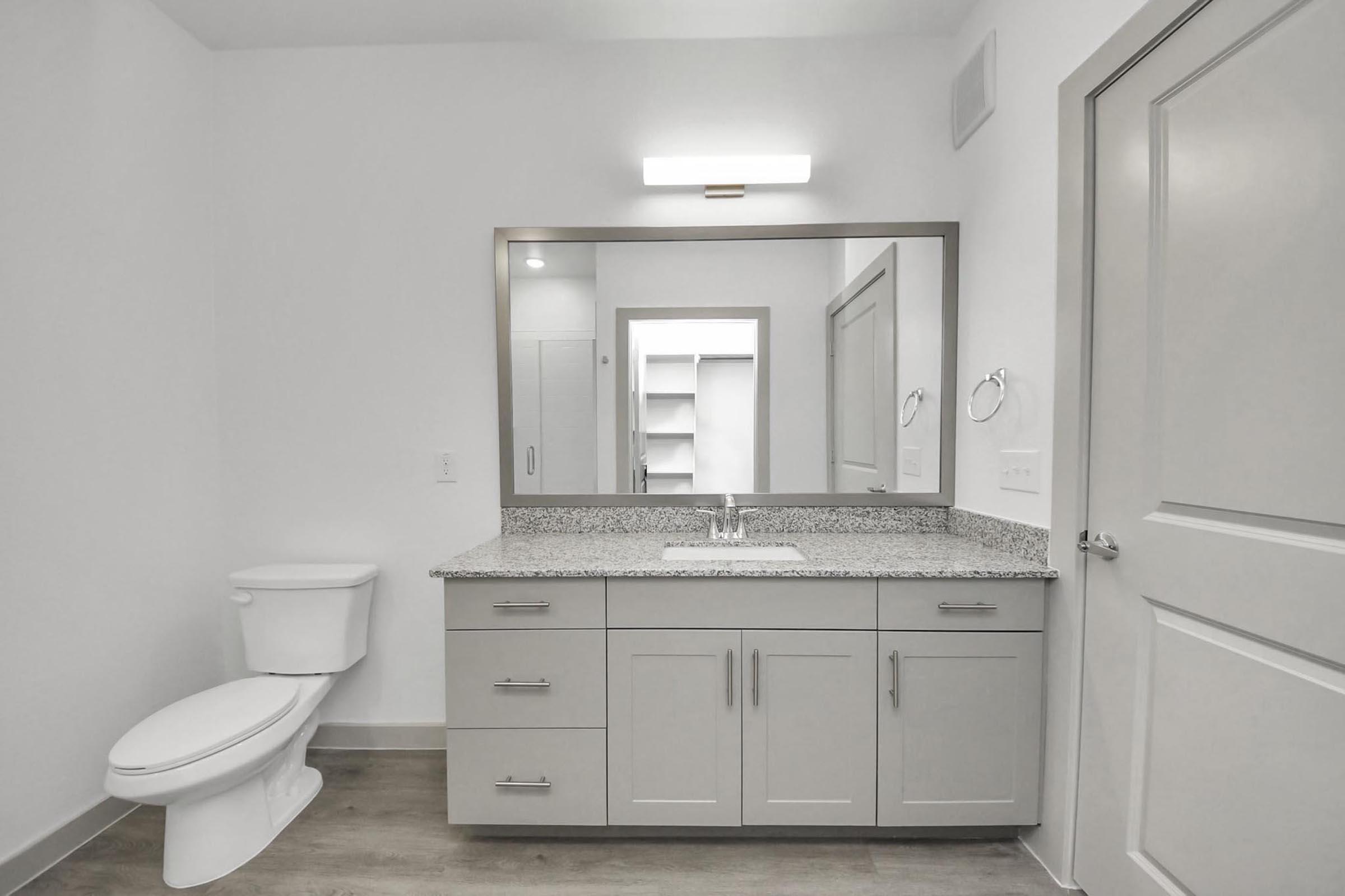 A modern bathroom featuring a white toilet, a double sink with a granite countertop, a large rectangular mirror above the sink, and a simple cabinet underneath. The walls are painted white, and there is a door leading to another room. The flooring is light-colored wood.