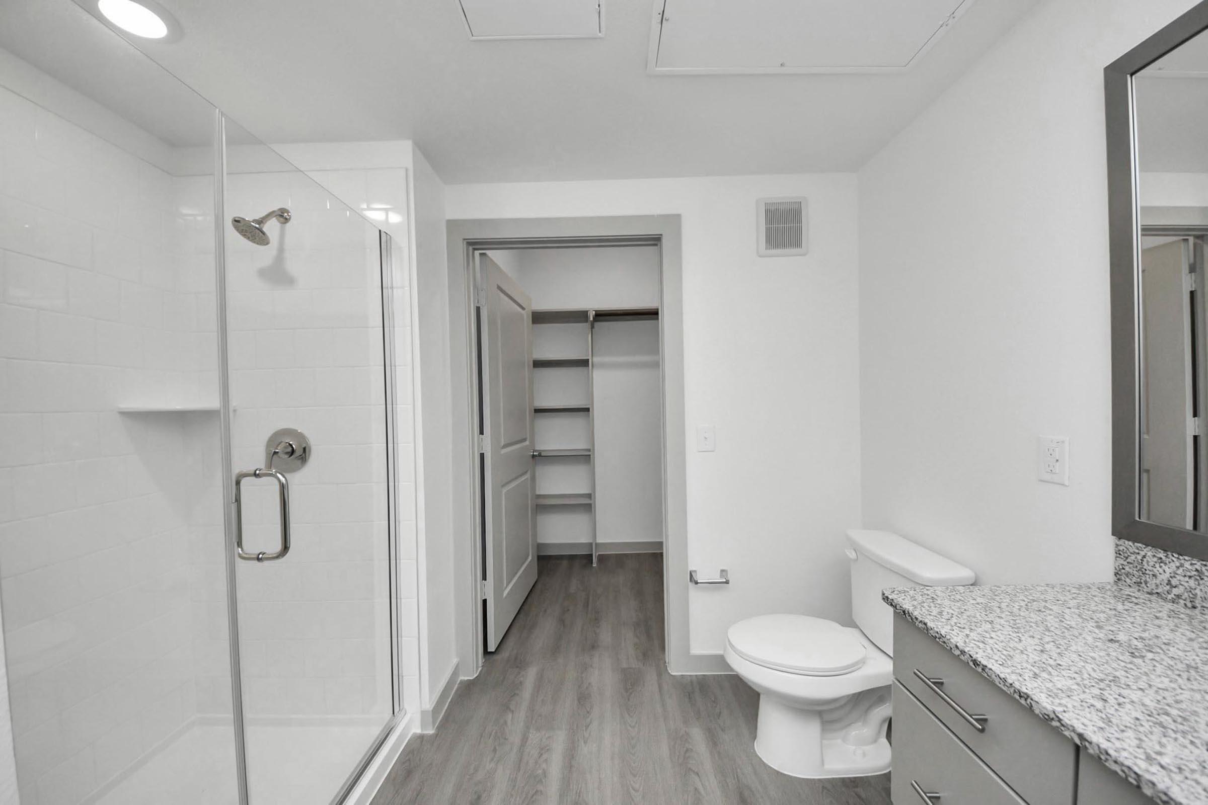 Modern bathroom featuring a glass-enclosed shower, a toilet, and a granite countertop with a sink. A closet with sliding doors is visible in the background, and the floor has a wood-like finish. The space is well-lit with recessed lighting and has a clean, minimalist design.