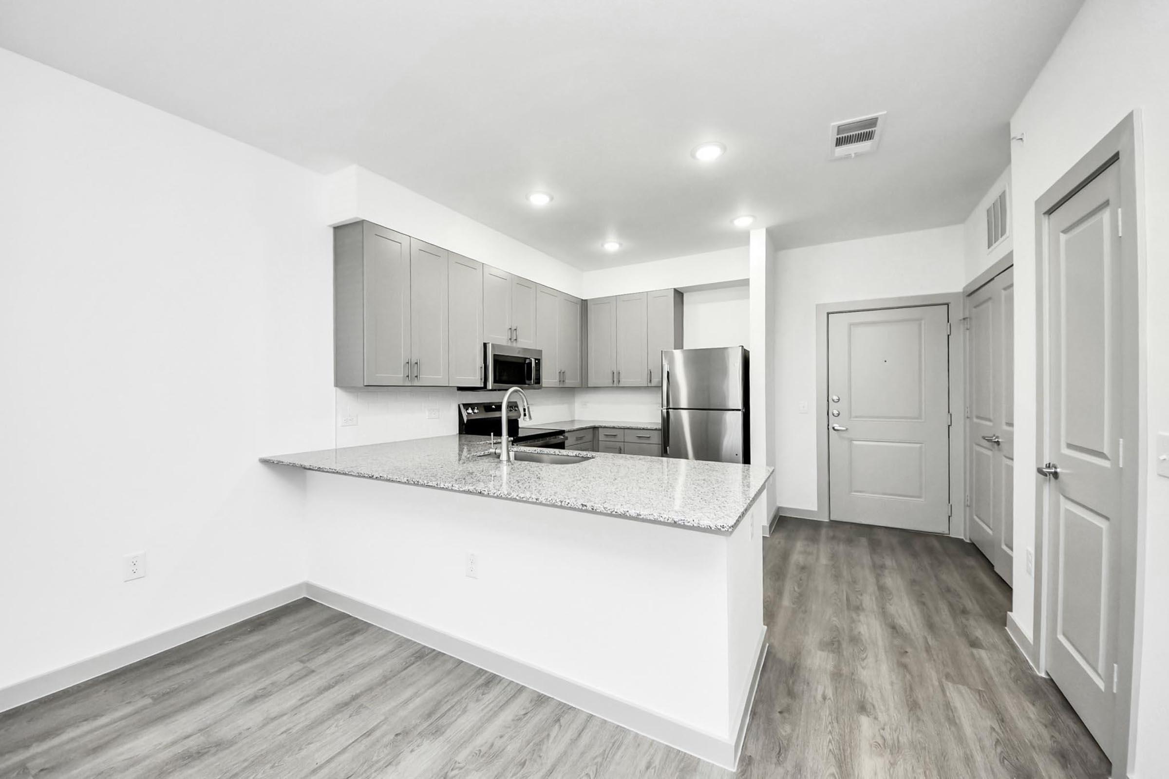 Modern kitchen featuring sleek gray cabinets, granite countertops, stainless steel appliances, and an island with a sink. The space has a bright, open layout with recessed lighting and a view of the entryway. Light-colored flooring complements the contemporary design.