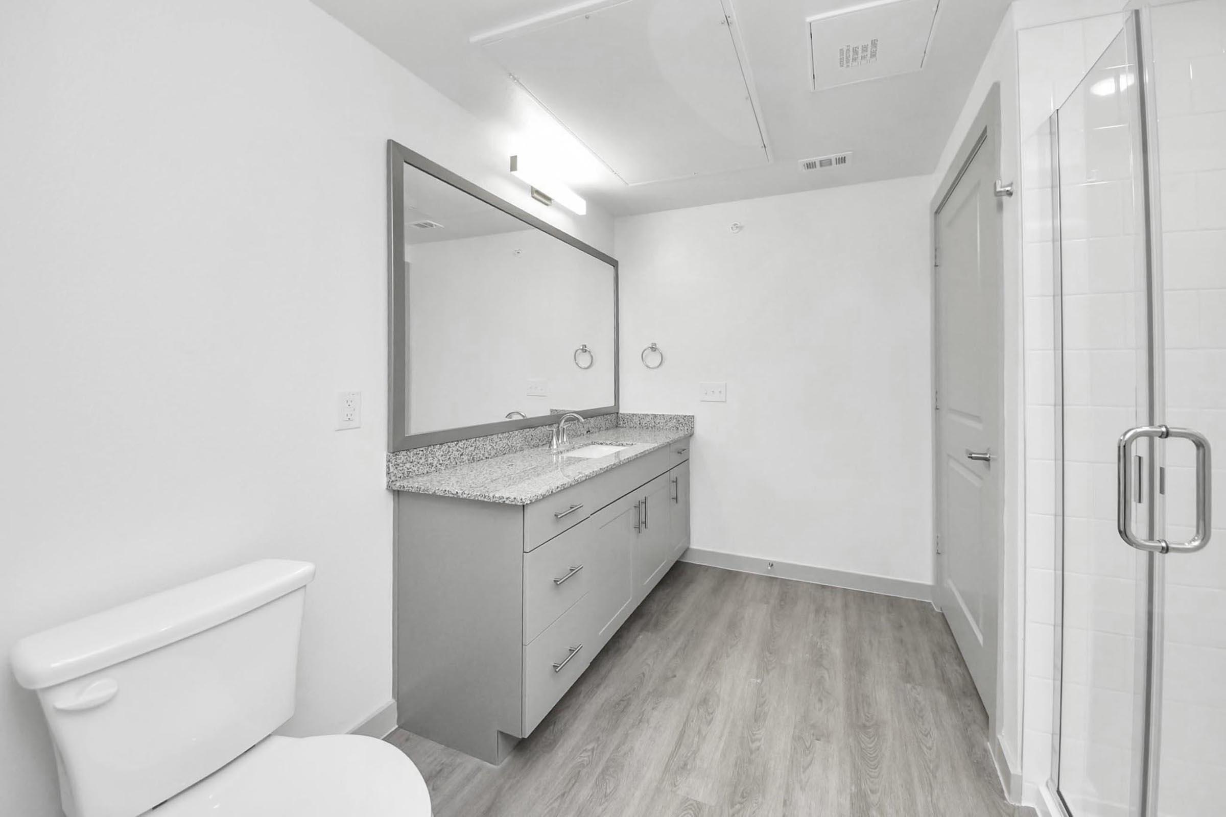 Modern bathroom featuring a spacious layout with a large mirror above a double sink vanity, grey cabinetry, and a granite countertop. To the left, a white toilet is visible, while a glass shower enclosure is seen on the right. The room has light-colored walls and wooden flooring, giving it a clean and contemporary look.