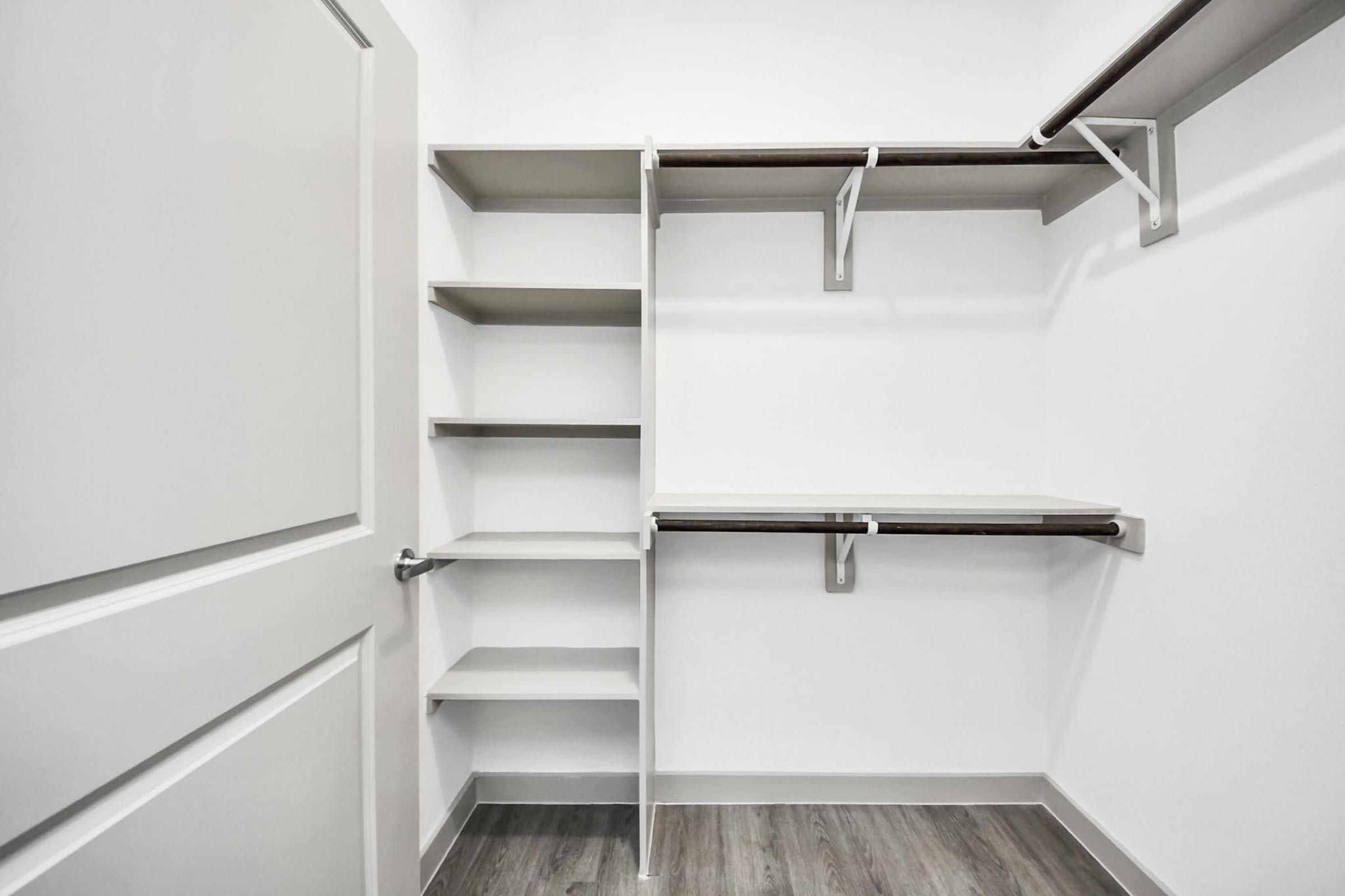 Empty walk-in closet featuring light-colored walls, a set of shelves, and hanging rods. The closet has a door and a wooden floor, emphasizing the spacious area designed for organizing clothes and accessories.