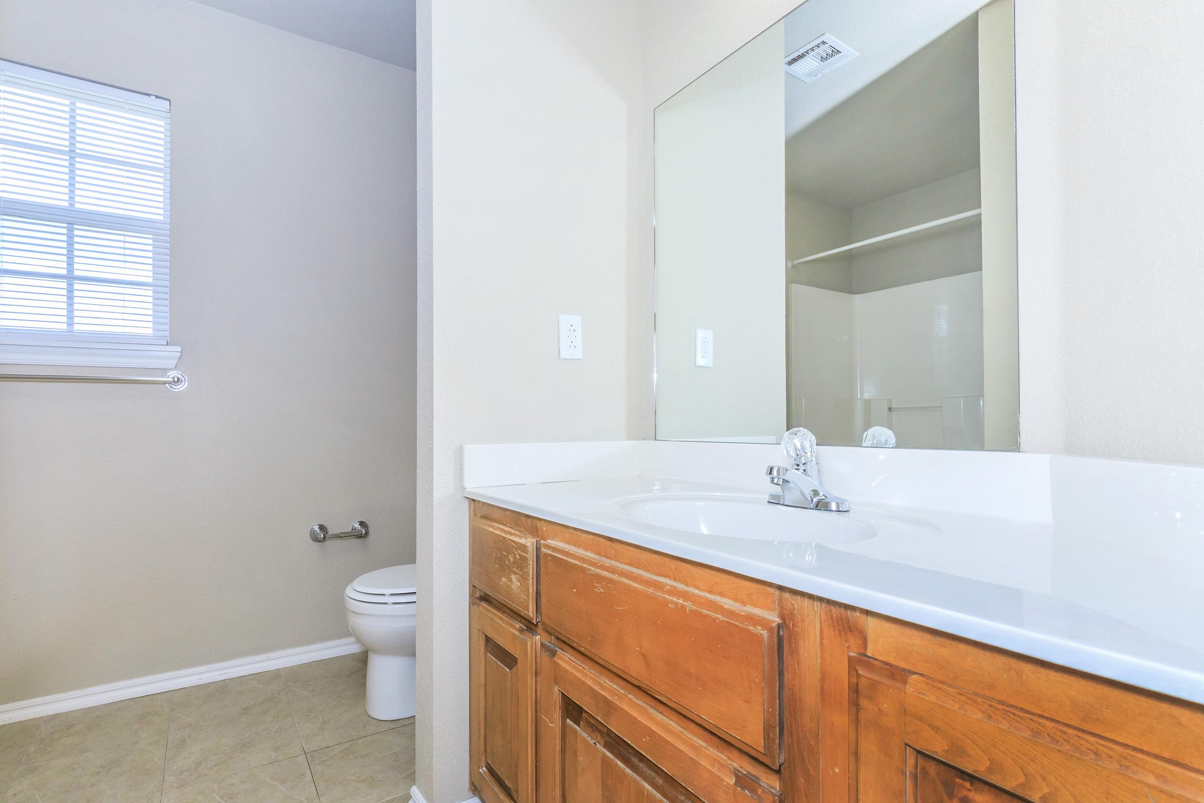 A clean bathroom featuring a wooden vanity with a sink, a large mirror above it, and a toilet in a separate area. Natural light enters through a window with blinds. The walls are painted in a neutral color, creating a bright and spacious atmosphere.