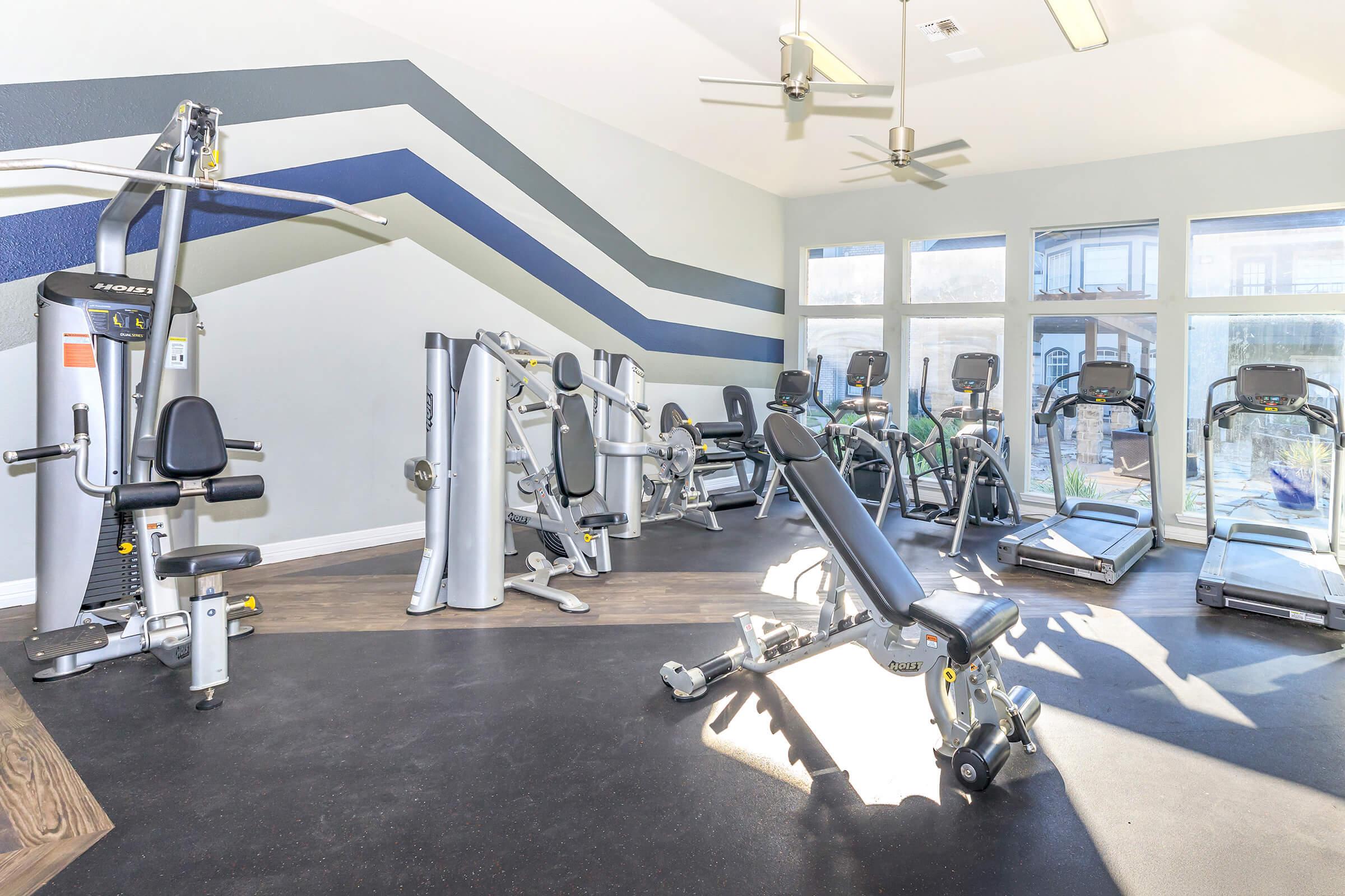 A modern gym interior featuring various fitness equipment, including weight machines, treadmills, and ellipticals. Bright natural light streams through large windows, enhancing the space's inviting atmosphere. The walls are decorated with stylish angled stripes in blue and gray.