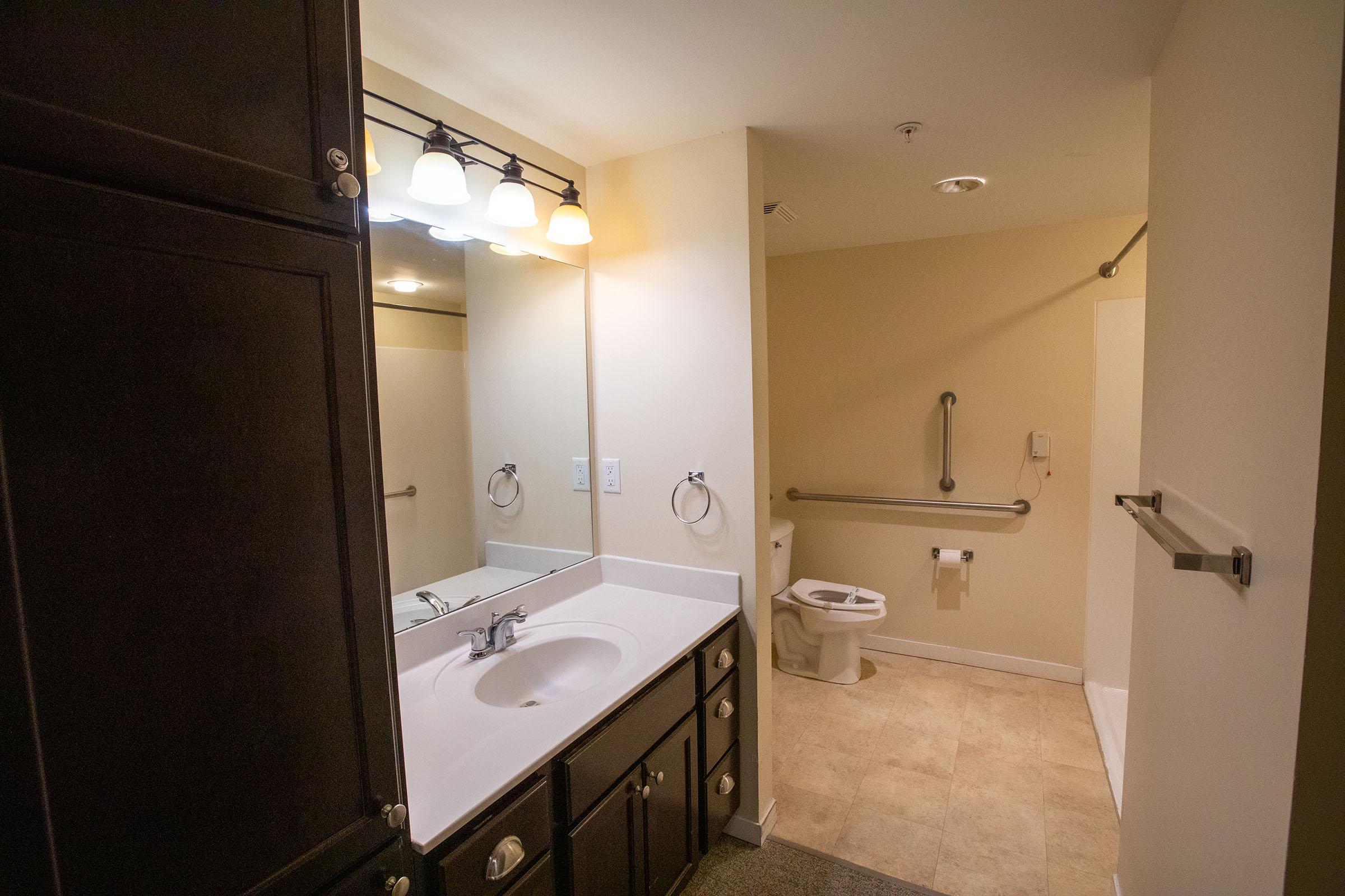 a room with a sink and a mirror