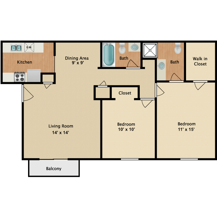 Floor plan image of 2 Bed 2 Bath