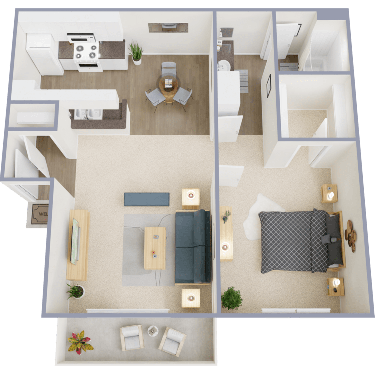 A 750 square foot apartment with a 1 bedroom 1 bathroom floor plan.