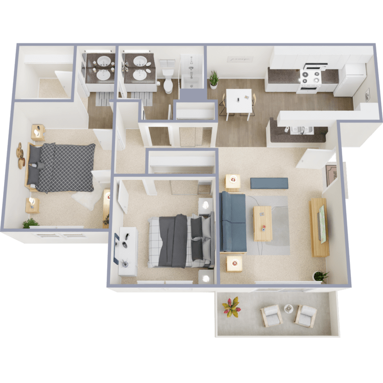 A 963 square foot apartment with a 2 bedroom 1 bathroom floor plan.