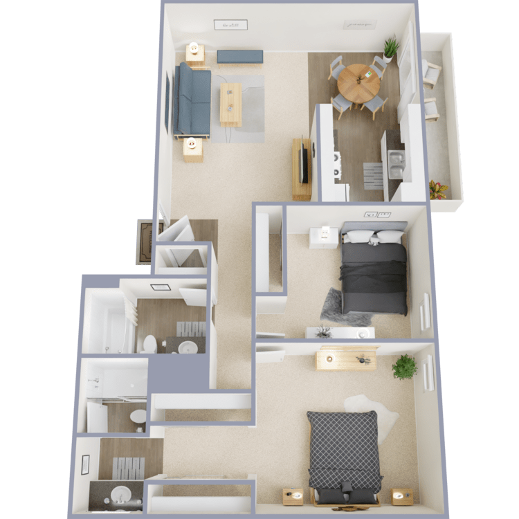 A 990 square foot apartment with a 2 bedroom 2 bathroom floor plan.