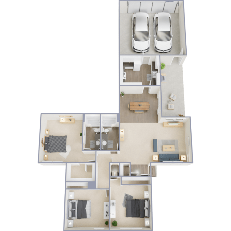 A 1475 square foot apartment with a 3 bedroom 2 bathroom floor plan.